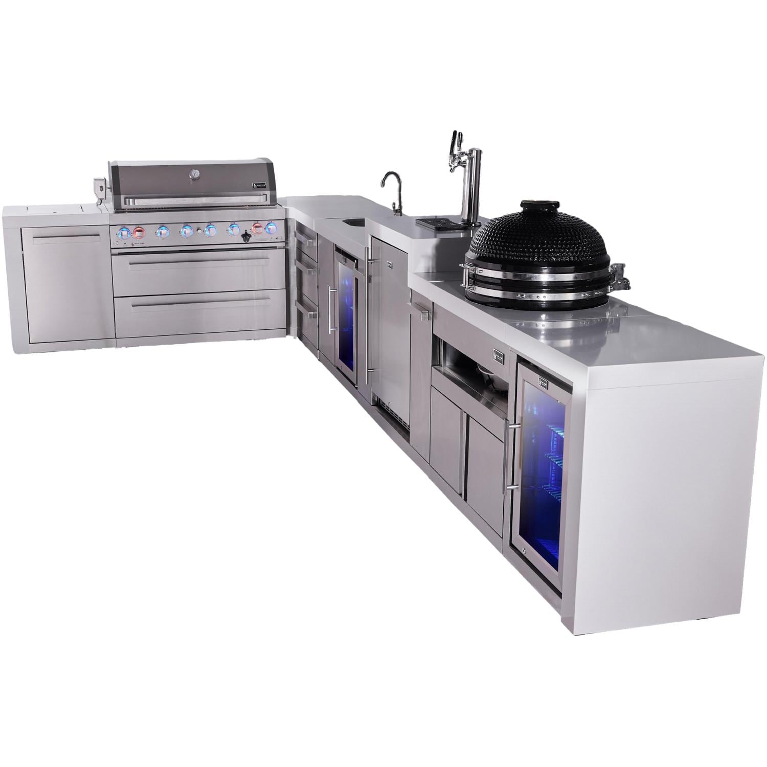 Mont Alpi Deluxe Series 13 1/2 Ft L-Shaped Natural Gas Outdoor Kitchen Island w/ 32-in Grill, Side Burner, Beverage Center, Kegerator & Triple Drawer (Ships Propane w/ Conversion Kit) - Angled Right - White Background thumbnail