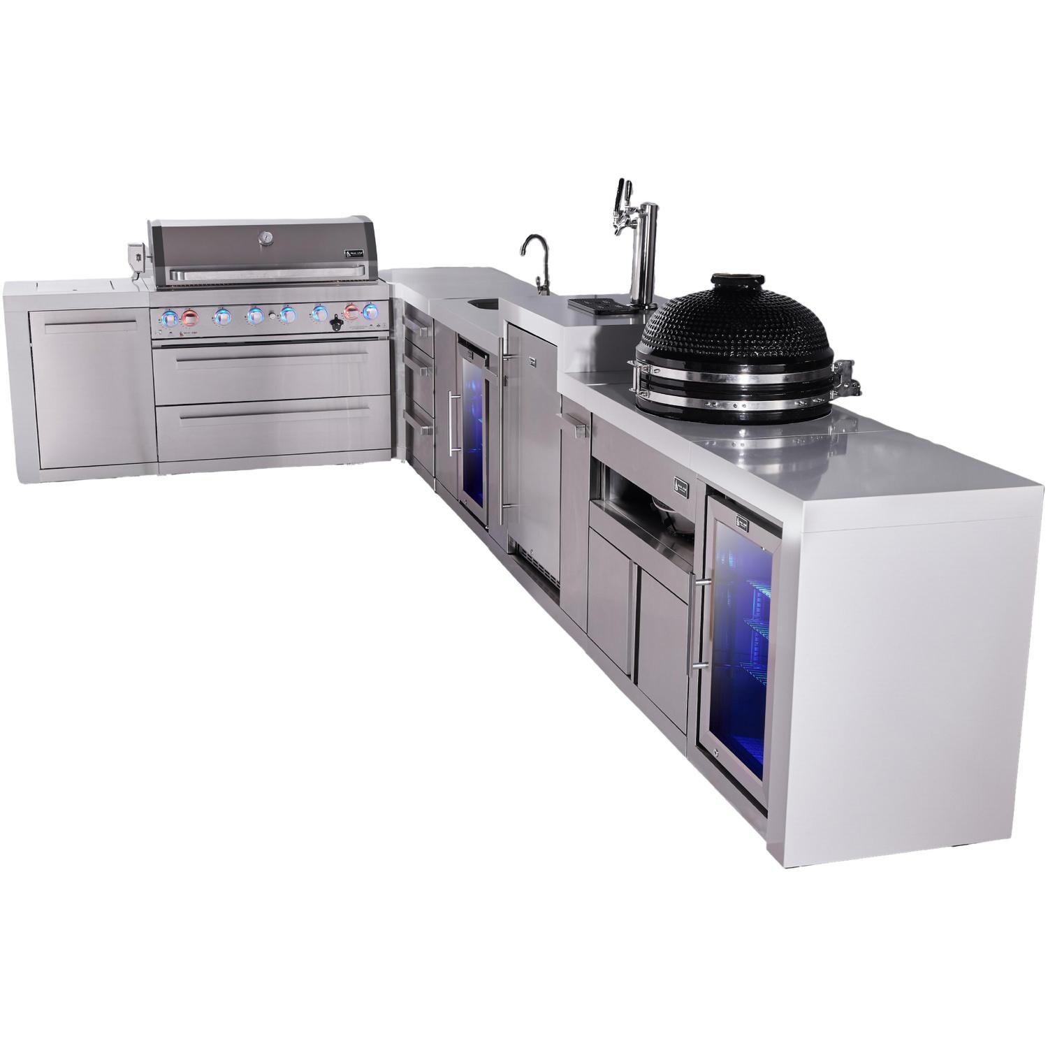 Mont Alpi Deluxe Series 13 1/2 Ft L-Shaped Natural Gas Outdoor Kitchen Island w/ 32-in Grill, Side Burner, Beverage Center, Kegerator & Triple Drawer (Ships Propane w/ Conversion Kit) - Angled Right - White Background thumbnail