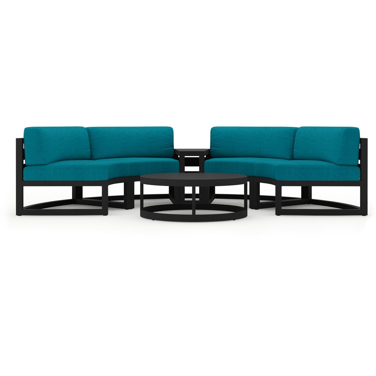 Lakeview MSTYCV-BK-4CSEC-PC Misty Cove 4 Pc Aluminum Curve Sectional Set in Black w/Coffee Table & Spectrum Peacock Cushions by Lakeview Outdoor Designs - Set - White Background thumbnail