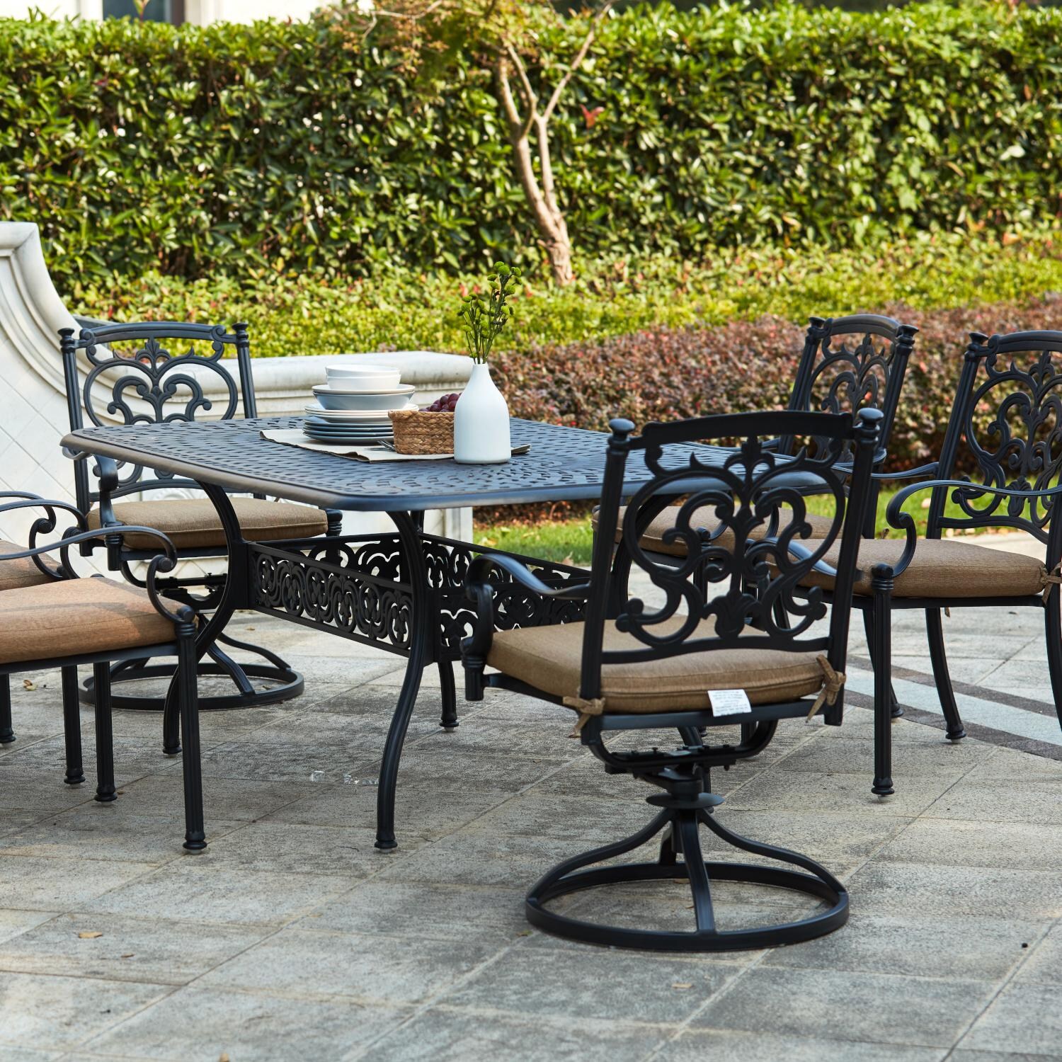 Santa Barbara 7 Pc Cast Aluminum Dining Set w/ 72 X 42 Inch Series 60 Table & 2 Swivel Rockers in Antique Bronze/Sesame by Darlee