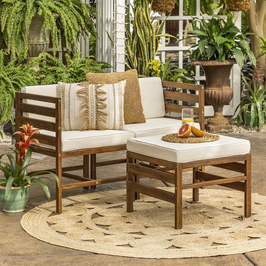 Walker Edison Sanibel 3 Piece Acacia Patio Sectional Set W/ 23 1/2 Inch Square Ottoman - Dark Brown/Cream image