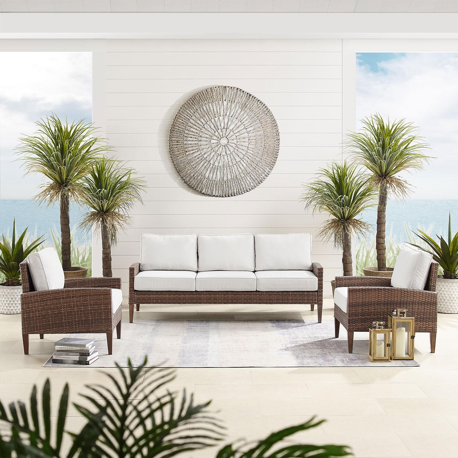 Ultimate Patio UP-92426BR-CR 3Pc Wicker Outdoor Sofa Patio Furniture Set in Creme - Front View - Lifestyle thumbnail