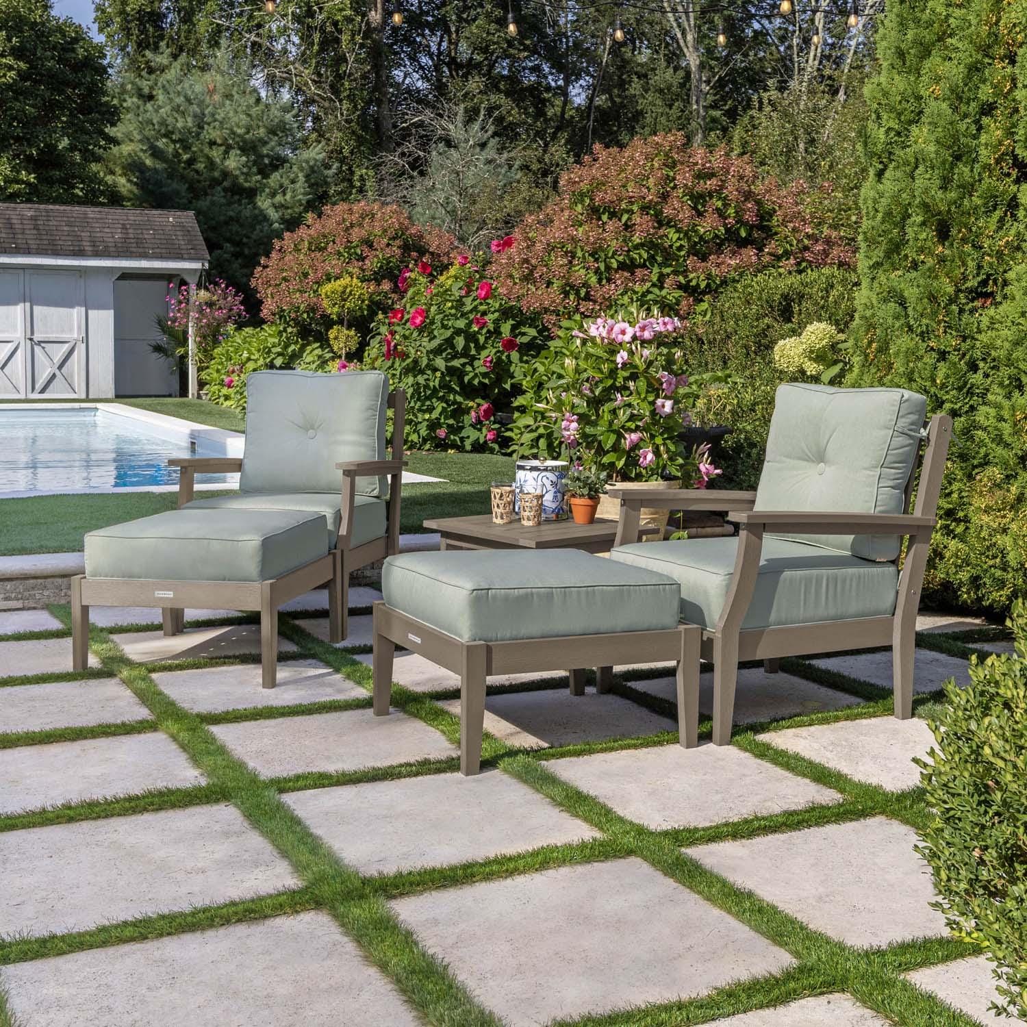 Blushing Bay 5 Pc Recycled Plastic Seating Set in Canvas Seasalt/Woodland Brown by Lakeview Outdoor Designs - Right Angled - Lifestyle thumbnail