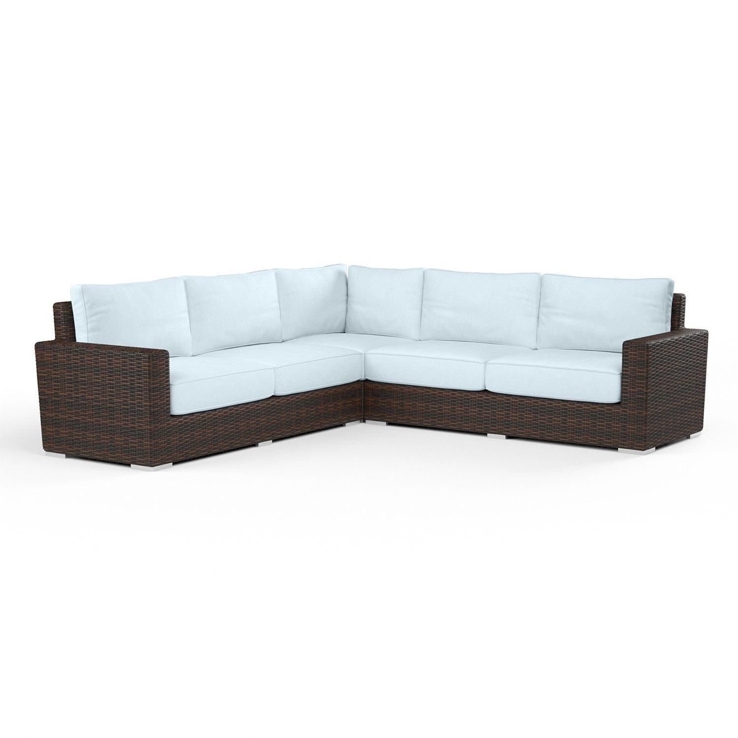 Montecito 3 Pc Wicker Patio Sectional Sofa in Canvas Skyline w/ Self Welt By Sunset West - Display - White Background thumbnail