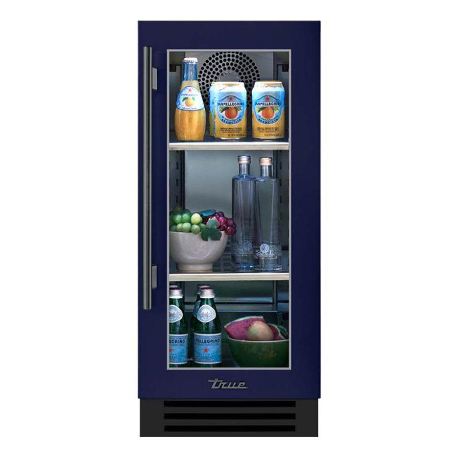 True TUR-15-R-OG-C~DSK-078-H05 15 Inch 3.14 Cu. Ft. Right Hinge Glass Door Outdoor Refigerator - Cobalt w/ Pewter Handles - White Background thumbnail