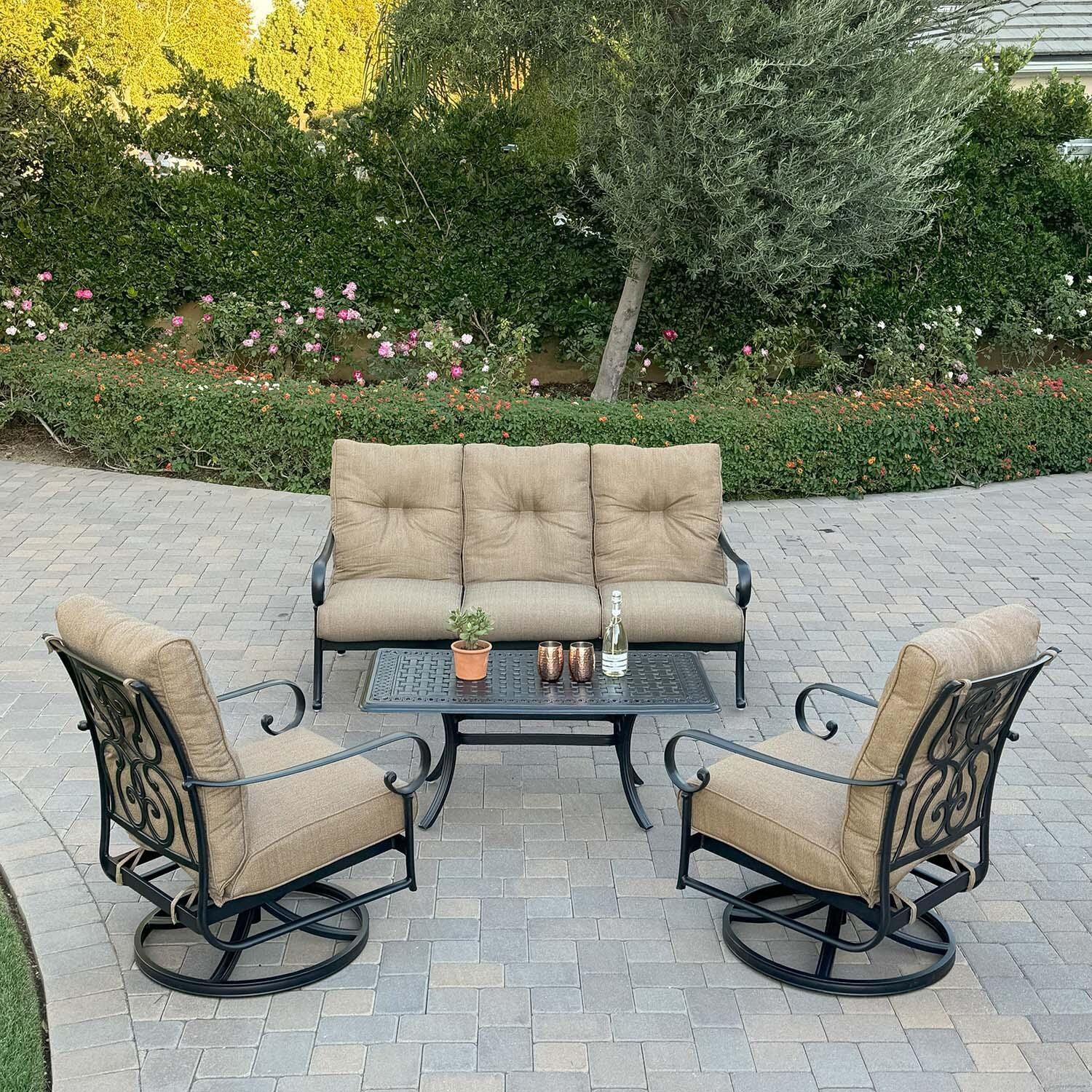 Santa Anita 4 Pc Cast Aluminum Seating Set w/ Swivel Rockers in Antique Bronze/Heather Beige by Darlee - Lifestyle thumbnail