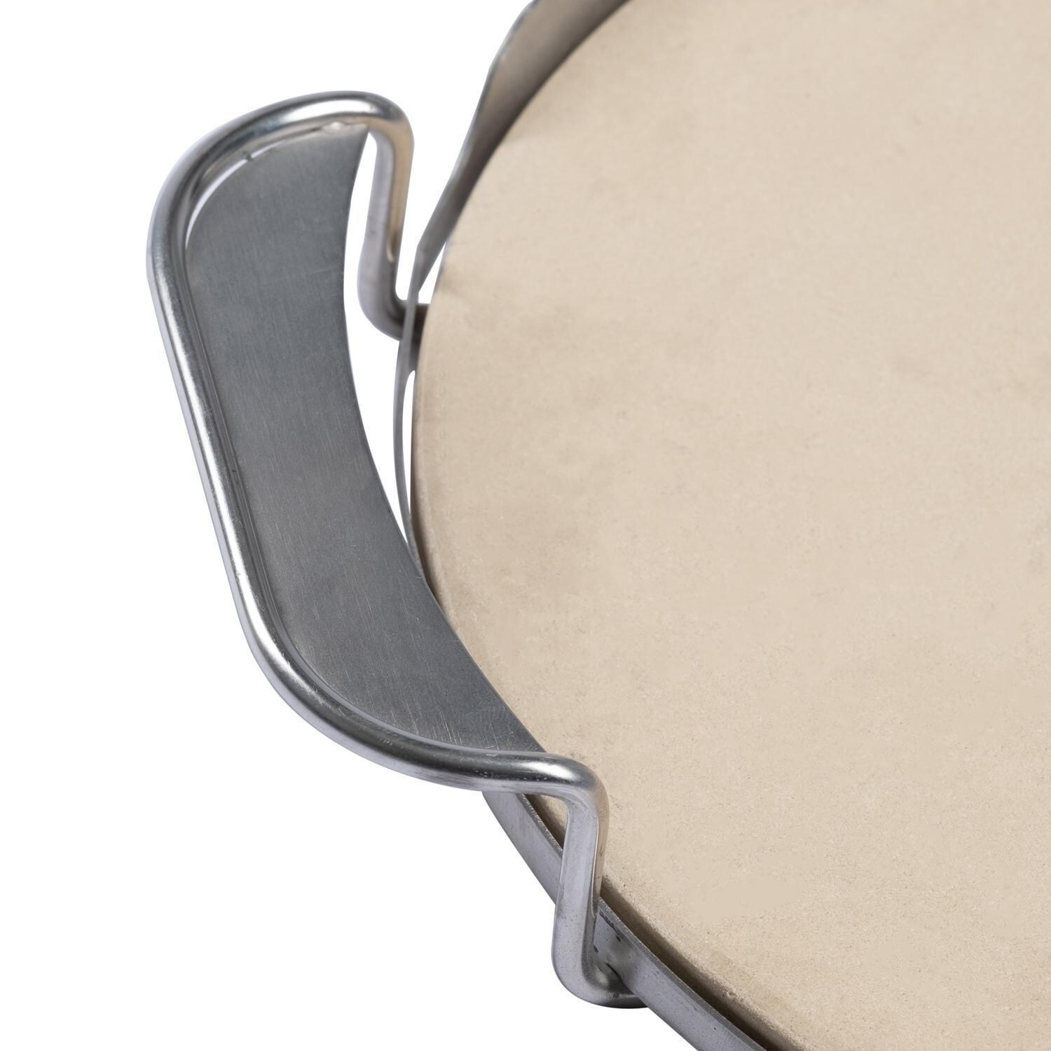 BBQGuys Signature BBQ-KPZ-16  Ceramic Pizza Stone With Stainless Steel Carry Rack - Handle Detail thumbnail