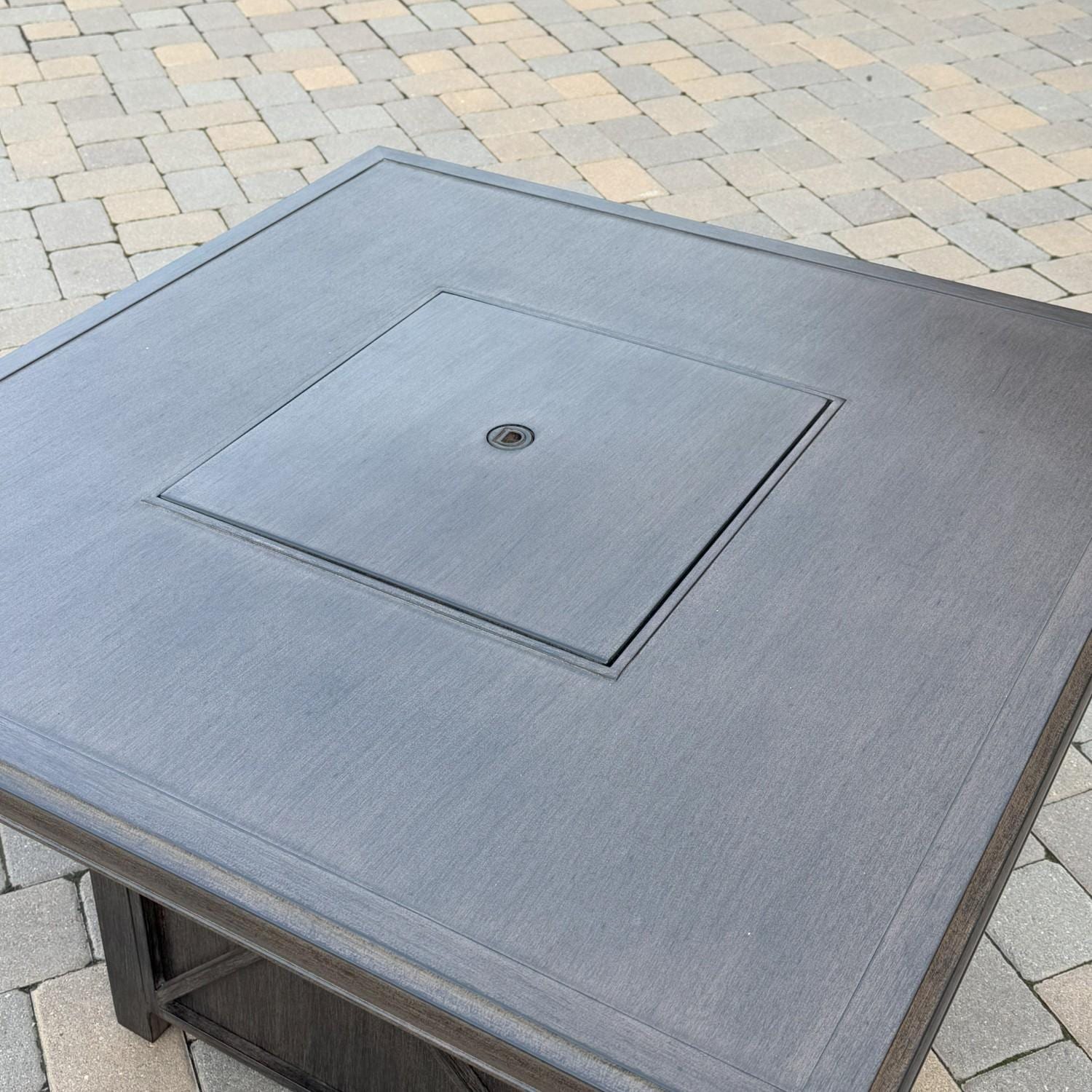 Atlantis 6 Pc Aluminum Fire Pit Seating Set w/ 2 Swivel Rocker Club Chairs, 2 Ottomans & Sofa in Walnut/Spa by Darlee - Fire Pit Table Closed - Lifestyle thumbnail