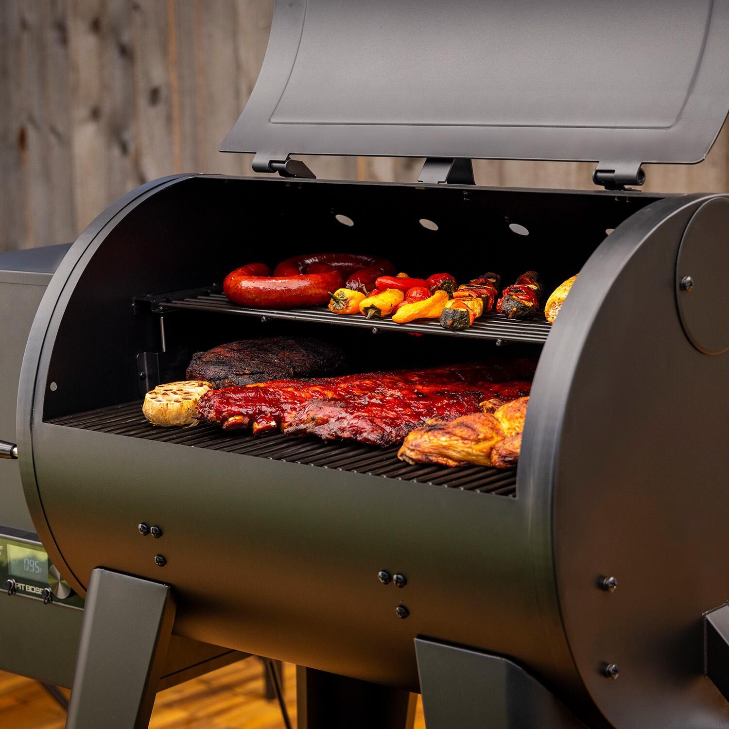 Pit Boss 700FB2 Pellet Grill - Matte Black - Up Close & Open - Lifestyle thumbnail