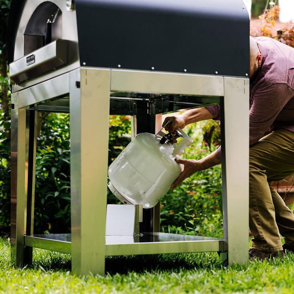 Fontana Forni FTFIR-H-R + FTCART-L Firenze Hybrid Pizza Oven on Cart - Red - Propane Storage - Lifestyle thumbnail