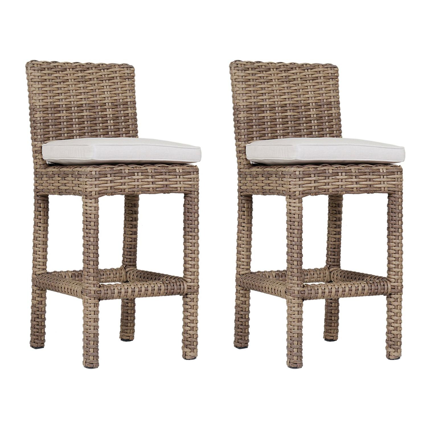 Sunset West Havana 2 Piece Resin Wicker Patio Barstool Set W/ Subrella Canvas Flax Cushions image