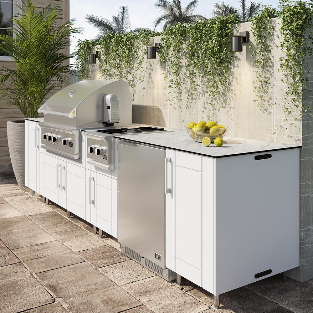WeatherStrong Nassau 10 1/2 Ft Outdoor Kitchen Island w/ Blaze Propane Grill, Side Burner & Refrigerator in Shell White/Glacier Frost - On Patio - Lifestyle thumbnail