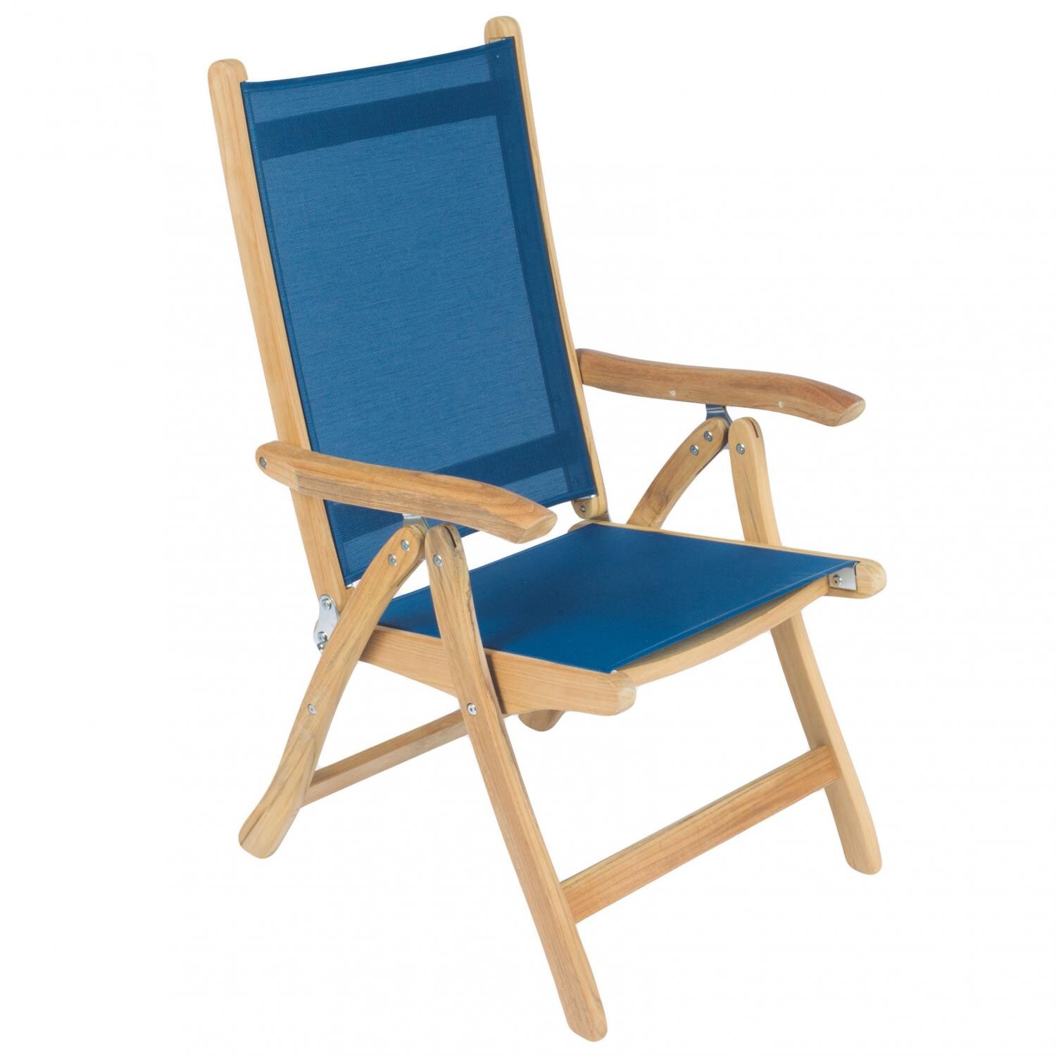 Royal Teak Collection Florida Reclining & Folding Teak Patio Dining Arm Chair With Navy Sling thumbnail