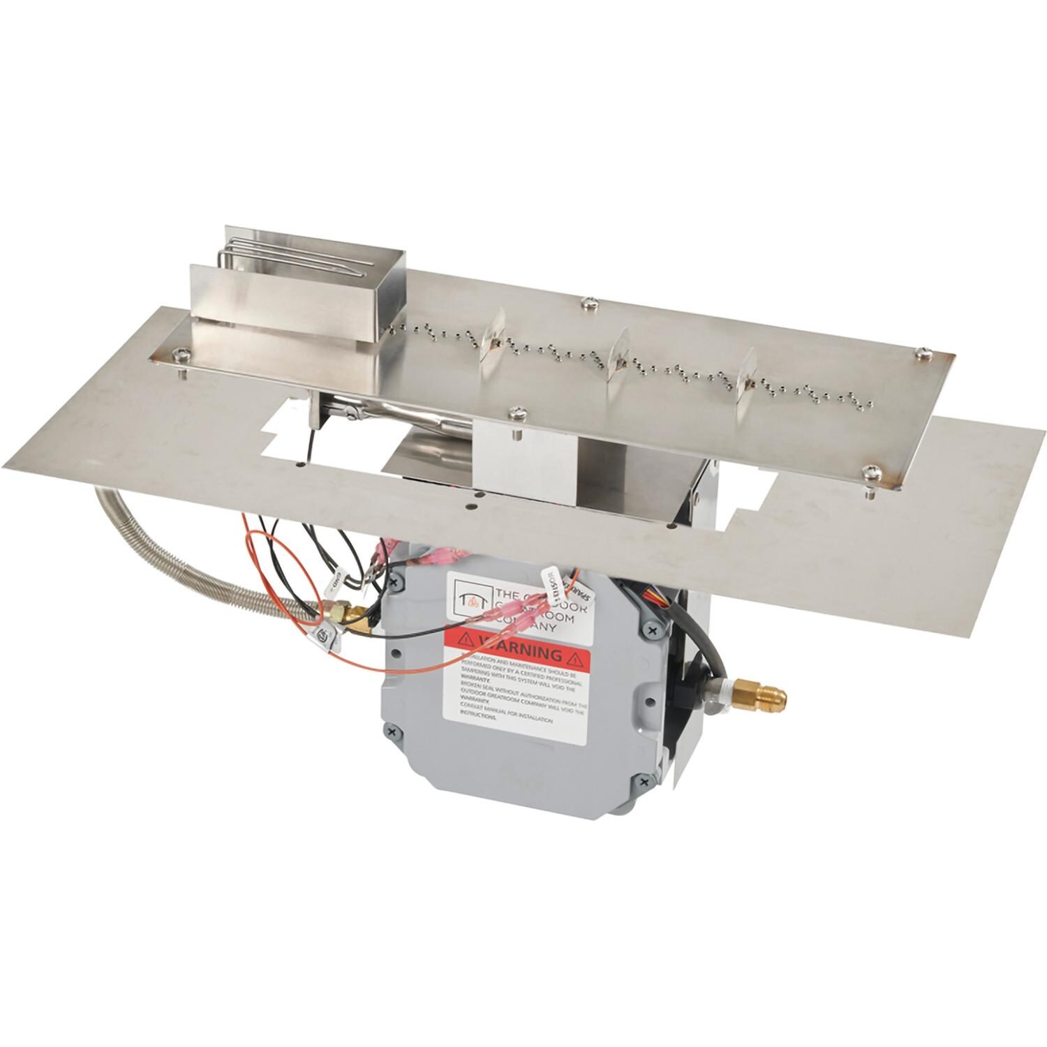 The Outdoor GreatRoom Company BP1224DSING-A Crystal Fire Plus 24 Inch Flat Rectangle 55,000 BTU Natural Gas Fire Pit Burner Kit w/ Direct Spark Ignition - Stainless Steel - Kit - White Background thumbnail