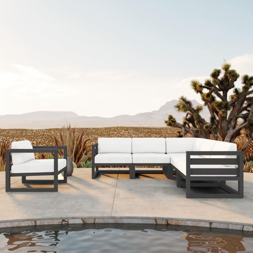 Misty Cove 6 Pc Aluminum Seating Set w/ Sectional in Slate/Canvas Natural by Lakeview Outdoor Designs