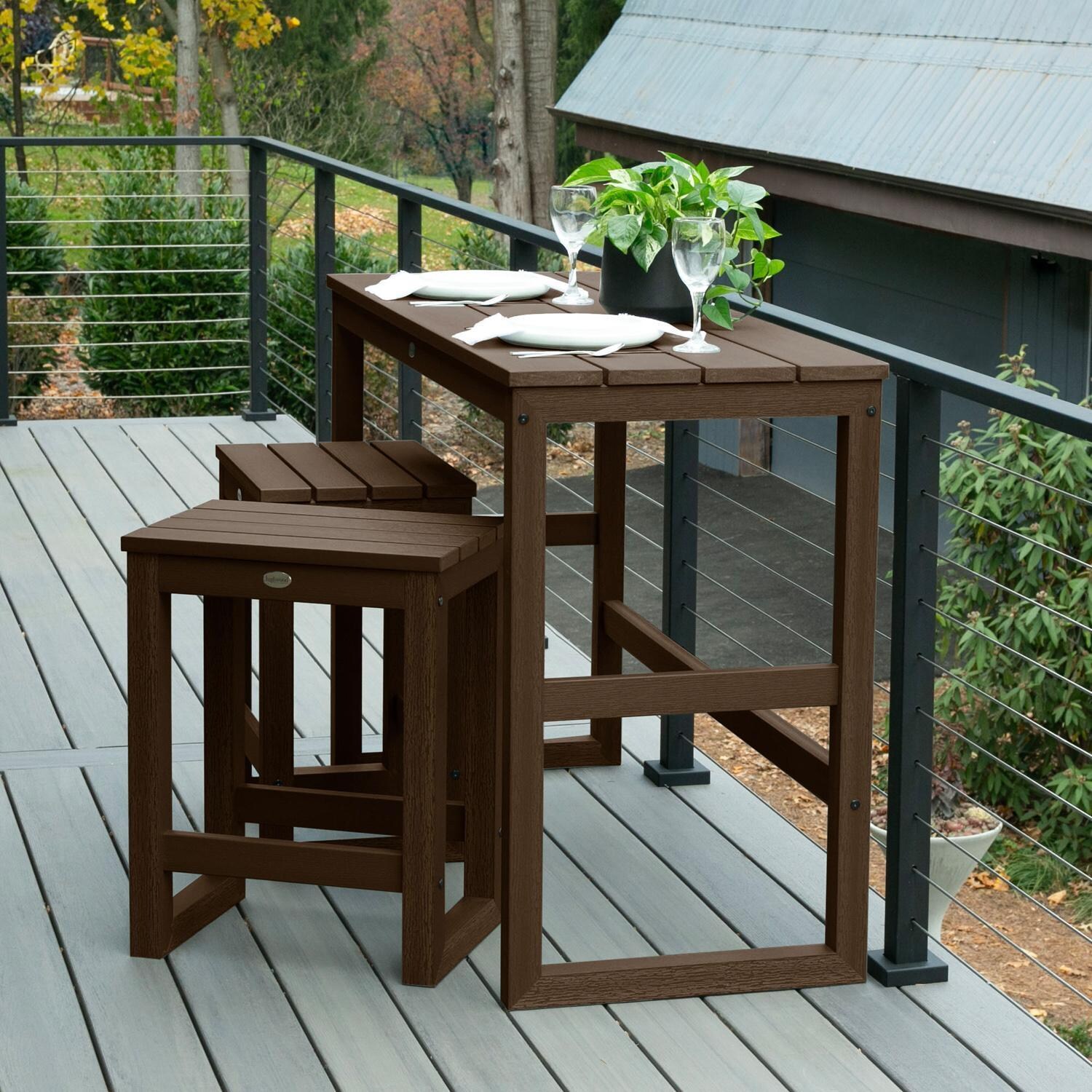 Lakeview Audubon 3 Pc Recycled Plastic Counter Height Balcony Dining Bar Set in Weathered Acorn - On Patio - Lifestyle thumbnail