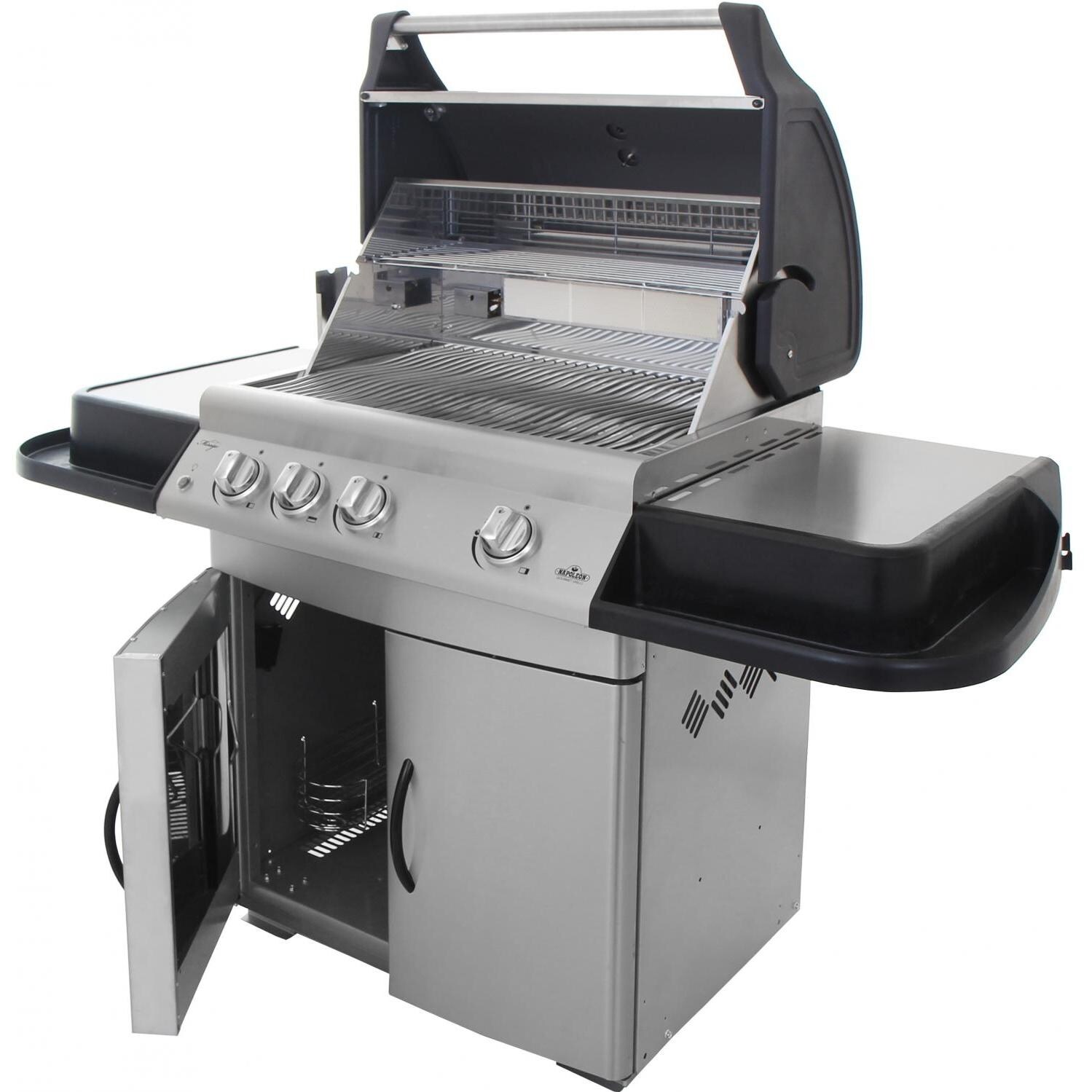 Napoleon Mirage 485 Propane Gas Grill On Cart Open Angled View thumbnail