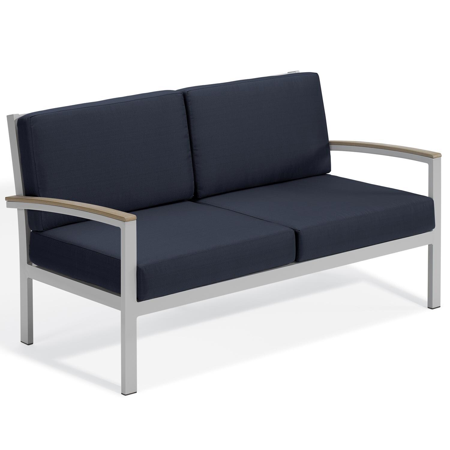 Travira Aluminum Loveseat w/ Vintage Tekwood Arm Caps in Flint/Midnight Blue by Oxford Garden