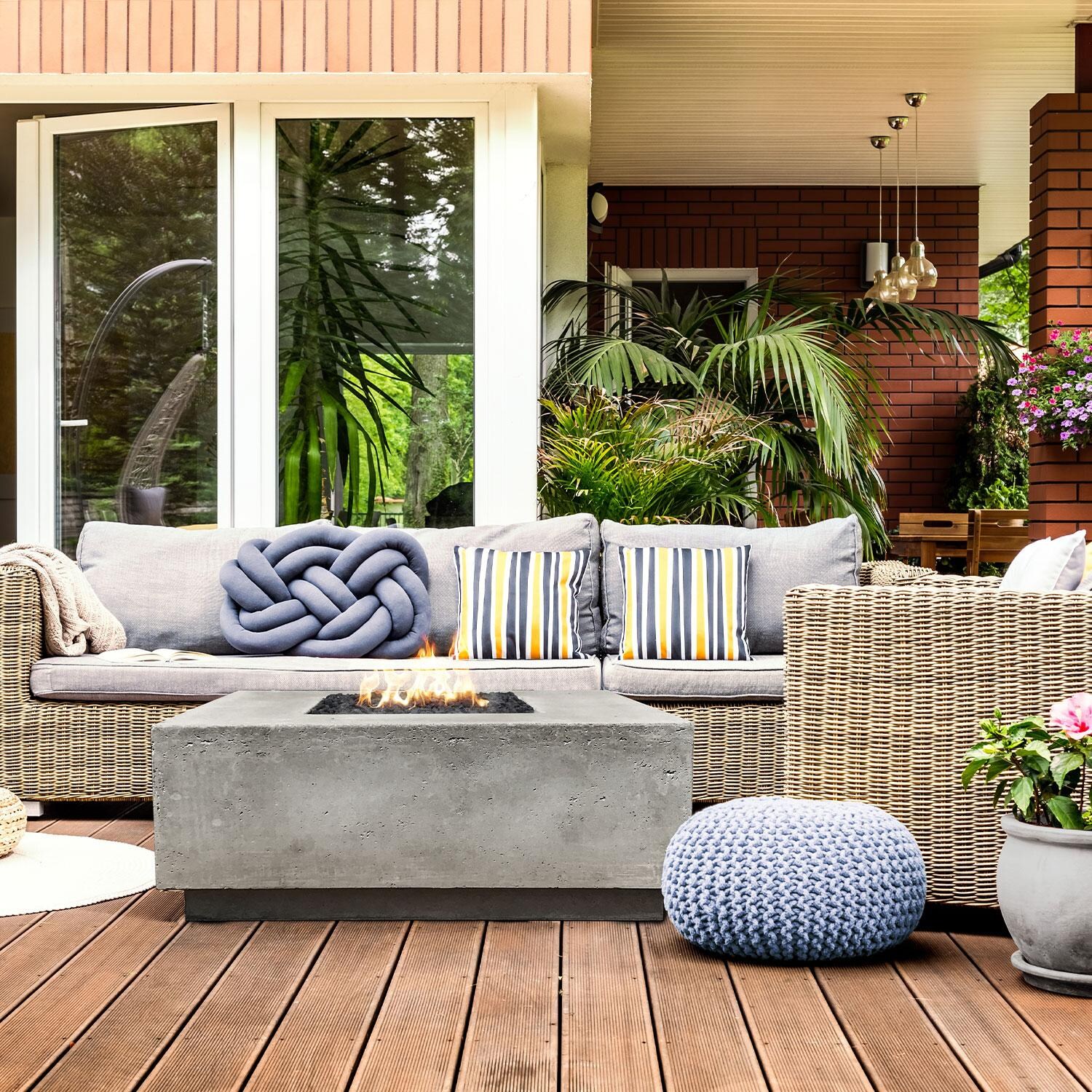 36-in Square Concrete Natural Gas Fire Pit in Gray by XO Appliance - Backyard Porch - Lifestyle thumbnail