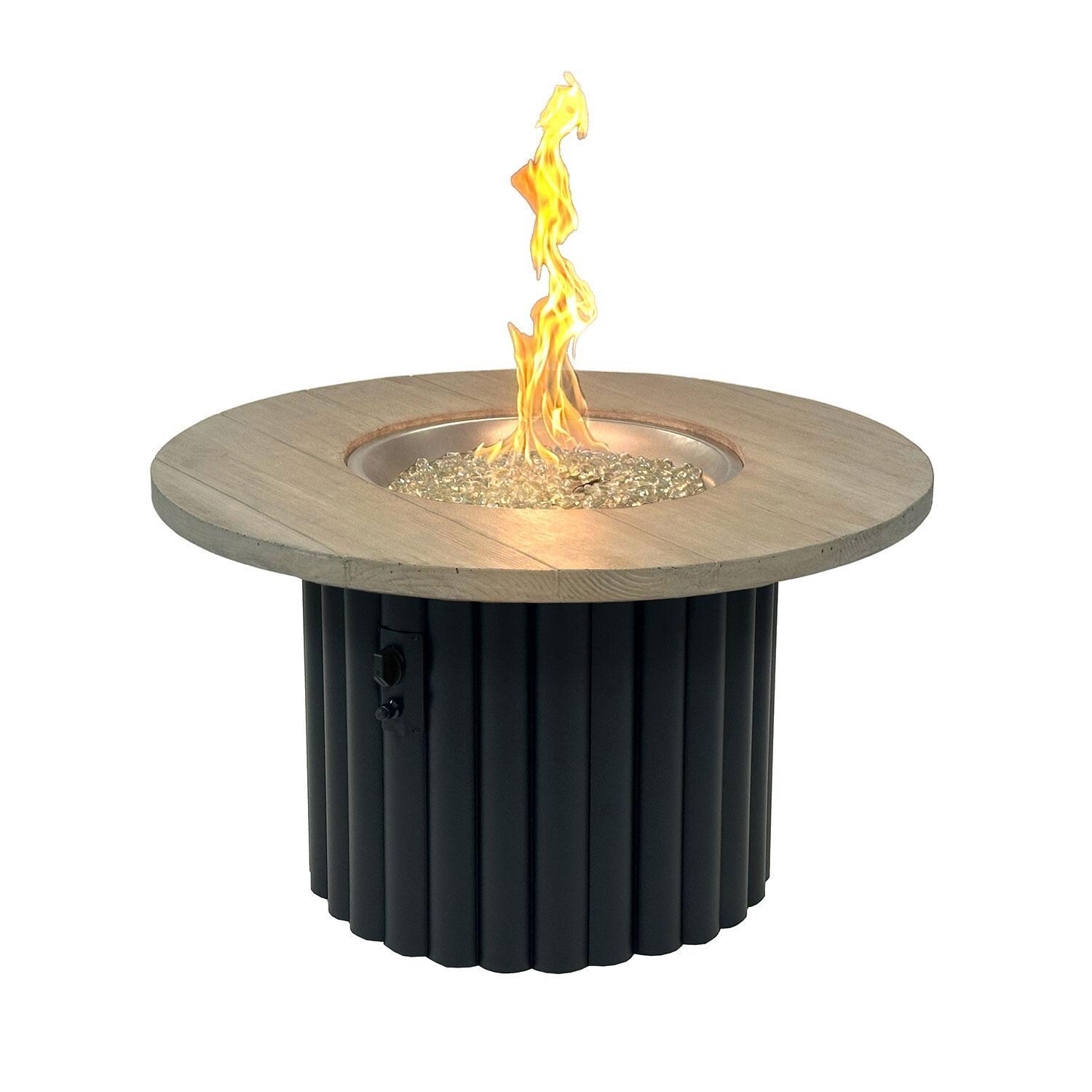 Reverie REVSBL-42-K 42-in Round Gas Fire Pit Table w/ Smokey Oak Supercast Top & Black Base - Flame On - White Background thumbnail