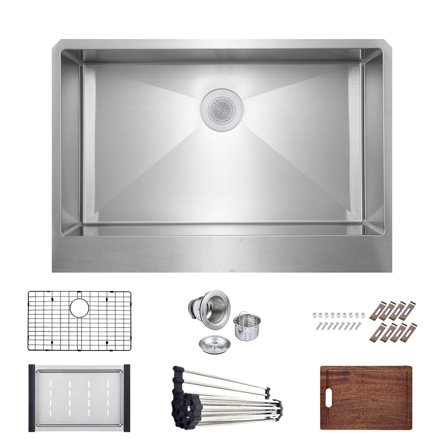BBQGuys Signature Farmhouse Flat Apron Stainless Steel 30-Inch Workstation Sink W/Grid, Strainer and 3 Accessories - White Background thumbnail