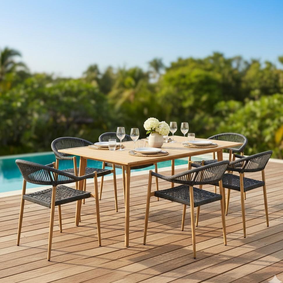 Eden Isle 7 Pc Aluminum Dining Set in Natural Wood by Lakeview Outdoor Designs