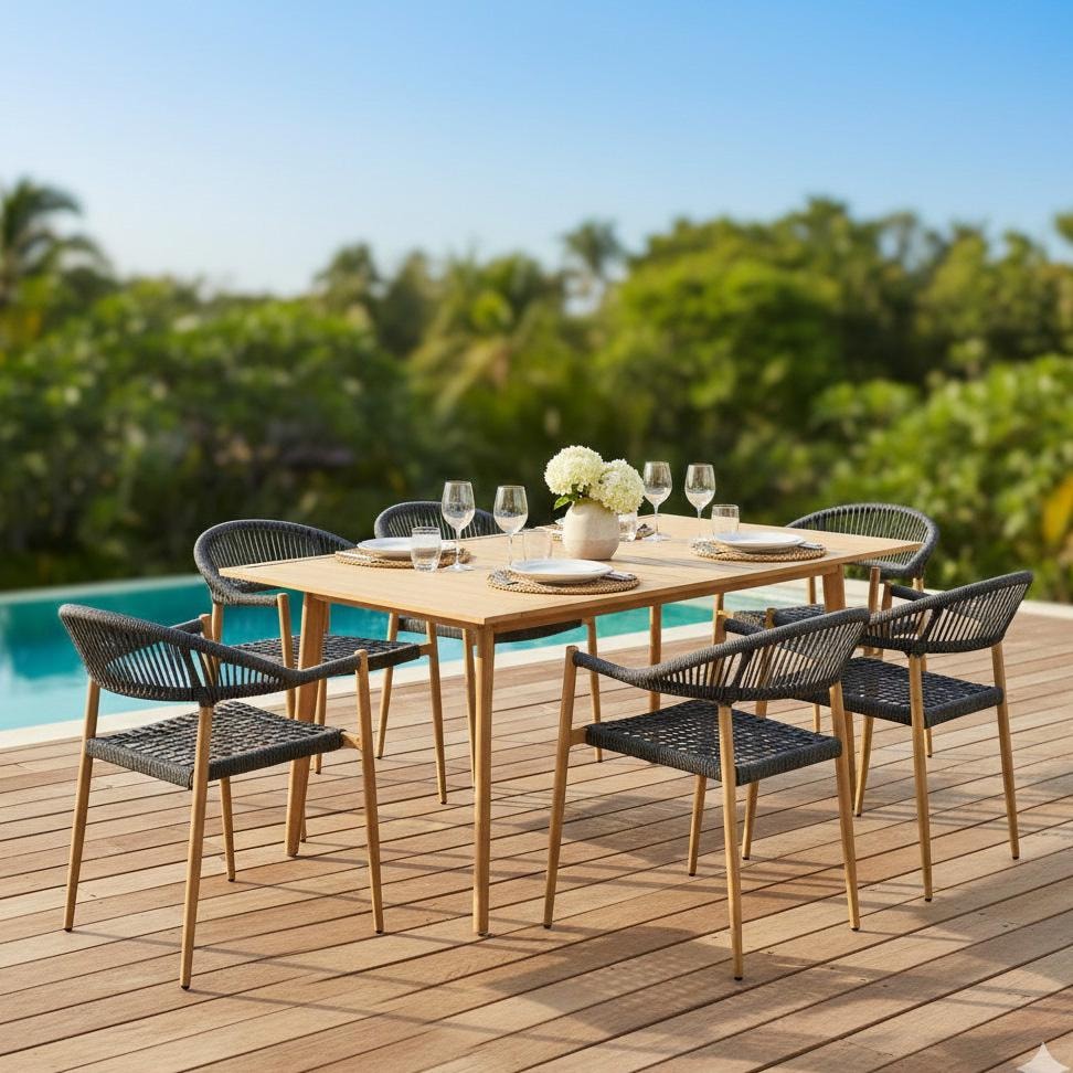 Eden Isle 7 Pc Aluminum Dining Set in Natural Wood by Lakeview Outdoor Designs