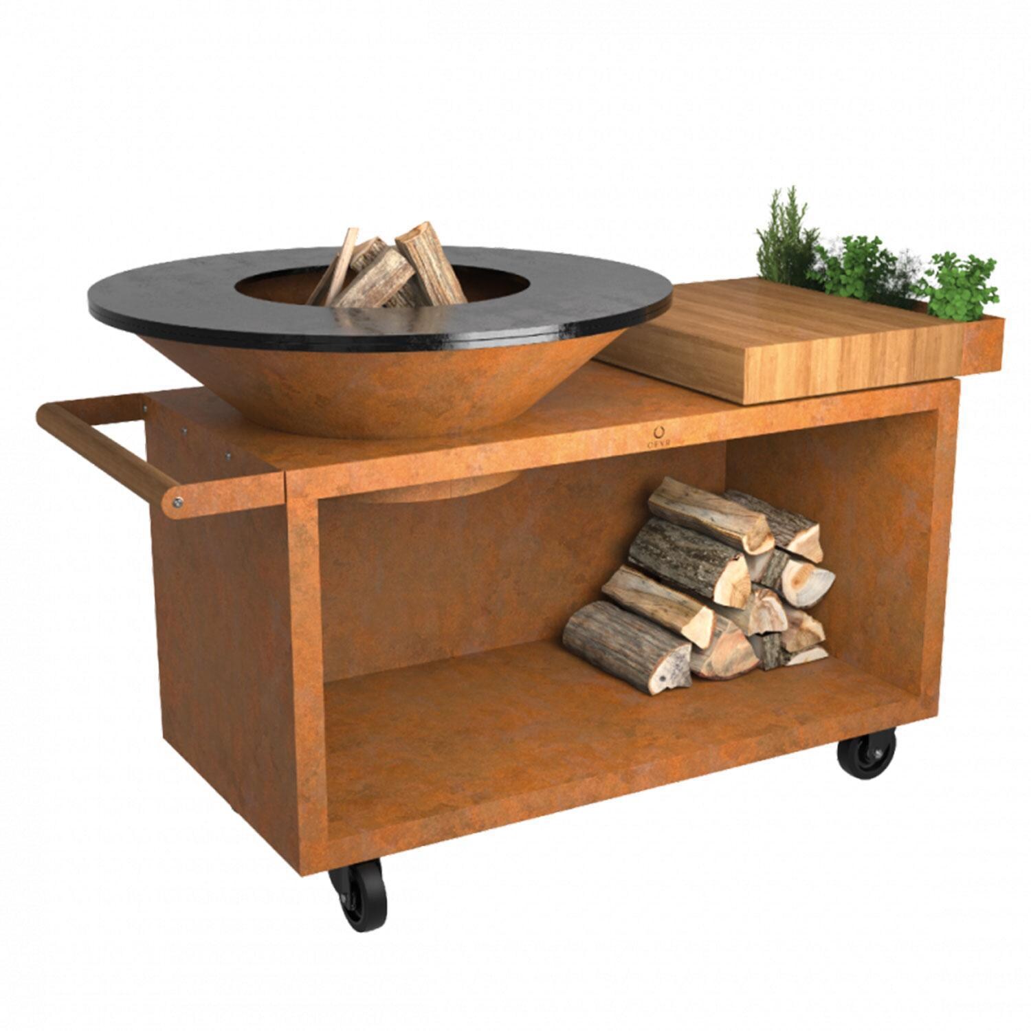 OFYR OI-100-PRO-TW Island Corten 100 PRO Teak Wood 70 Inch Wood-Fired Grill Center - Display - White Background thumbnail