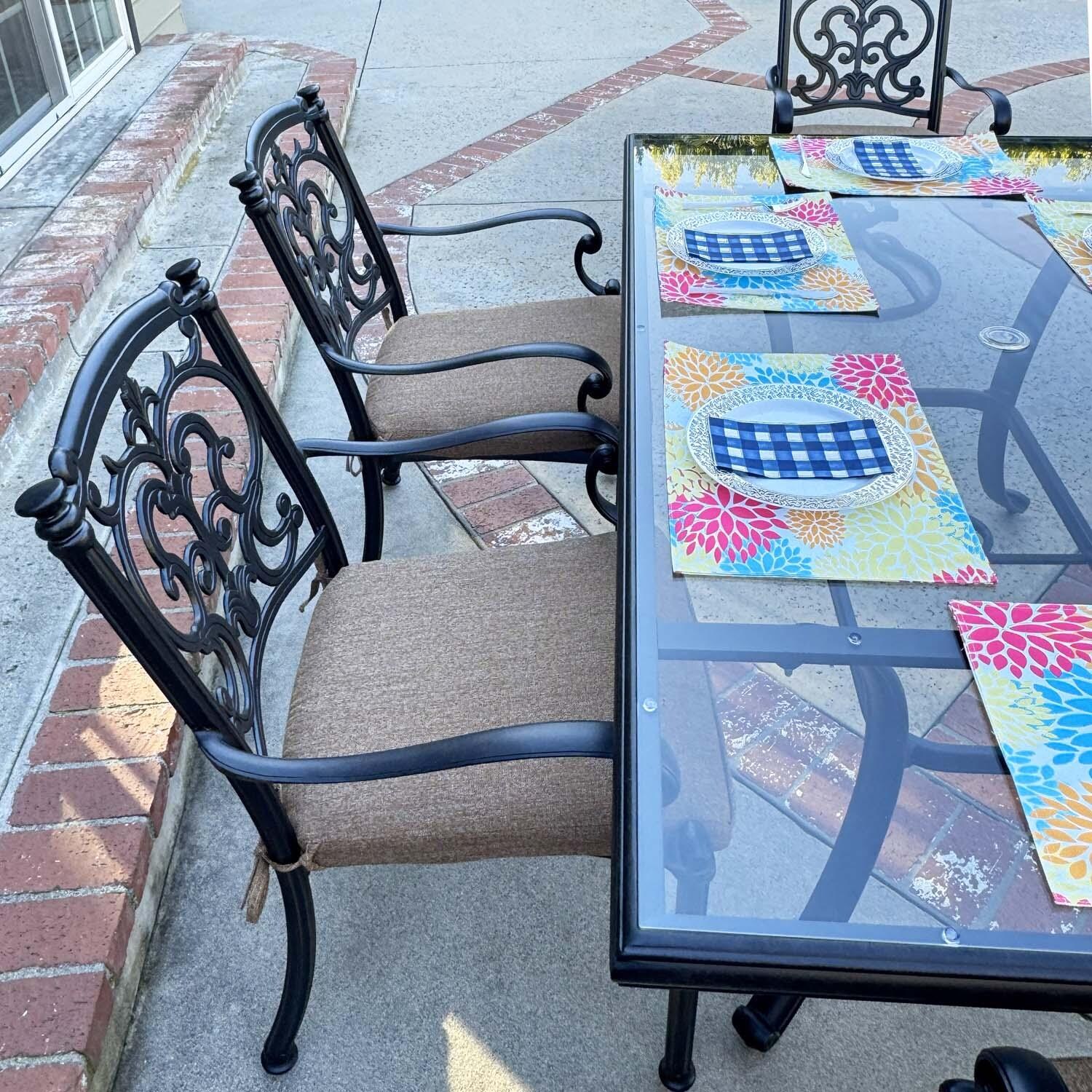 Santa Barbara 7 Pc Cast Aluminum Swivel / Rocker Dining Set in Antique Bronze/Sesame by Darlee - Close Up - Lifestyle thumbnail