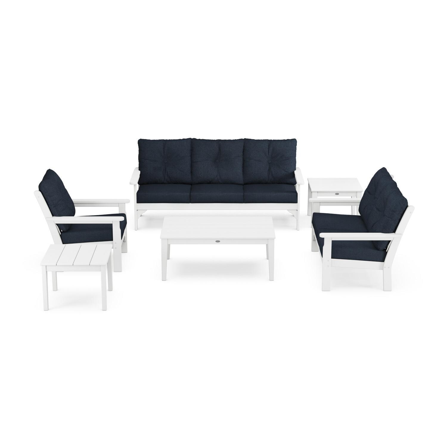 Vineyard 6 Pc Recycled Plastic Seating Set in White/Marine Indigo by POLYWOOD