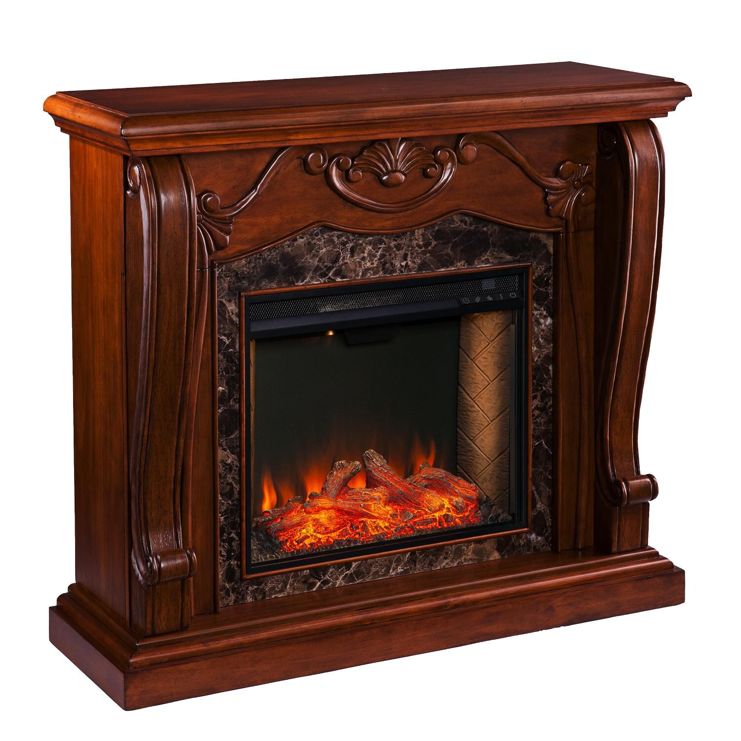Southern Enterprises FS9664 Cardona 45-Inch Electric Fireplace W/ Alexa-Enabled Smart Firebox - Walnut W/ Faux Marble Surround - Angle View thumbnail