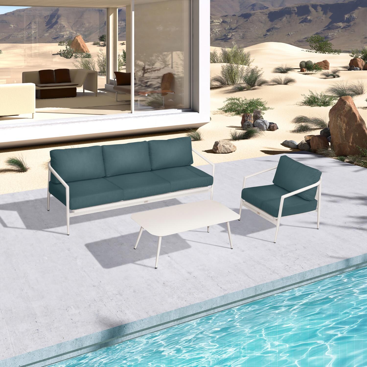 Lakeview Midnight Cove 3 Pc Aluminum Sofa Seating Set in Urban Stone/Carrera/Cast Lagoon - Top - Lifestyle thumbnail
