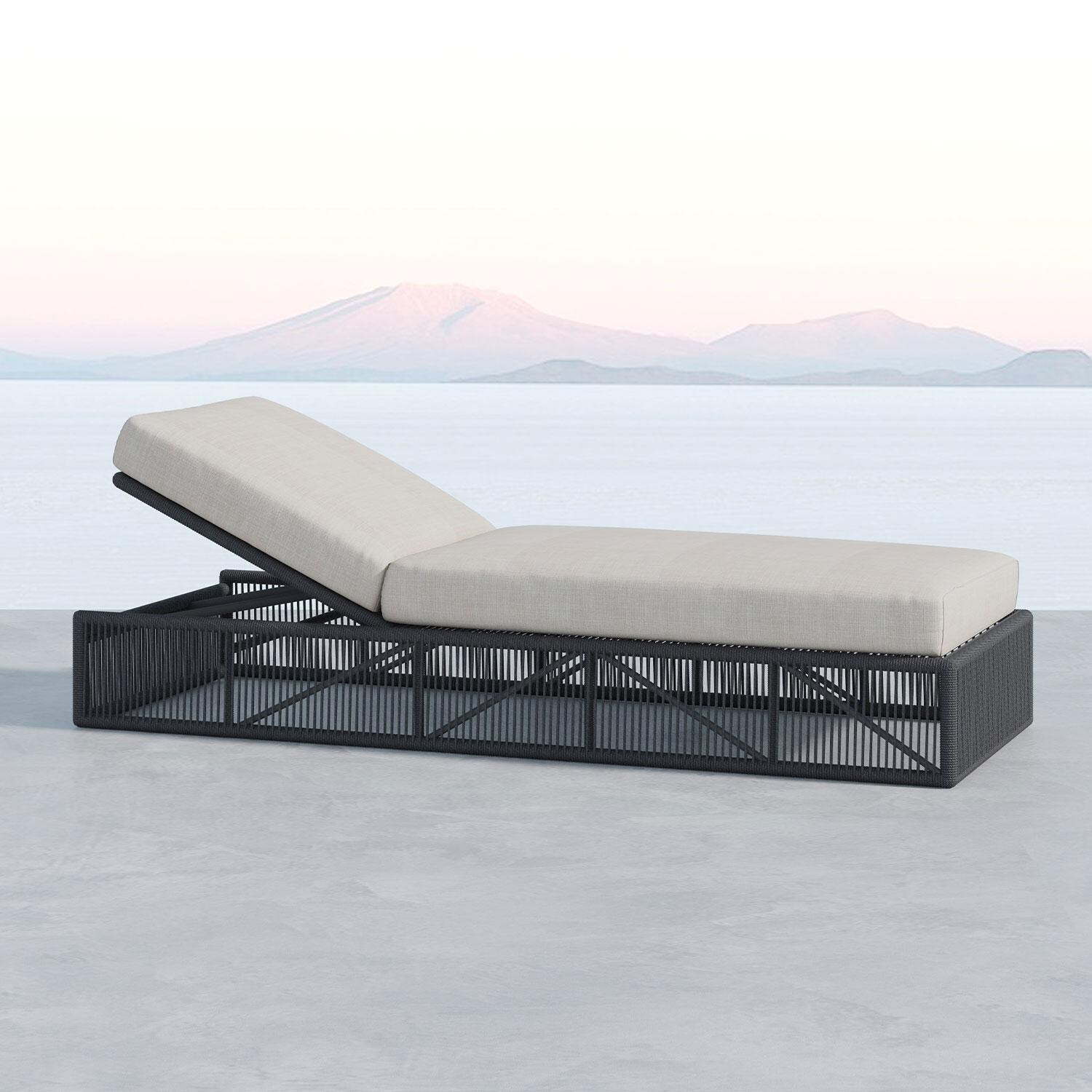 Milano Aluminum & Olefin Rope Adjustable Patio Chaise Lounge in Dupione Celeste w/ Self Welt By Sunset West - Oceanside - Shown in Echo Ash finish - Lifestyle thumbnail