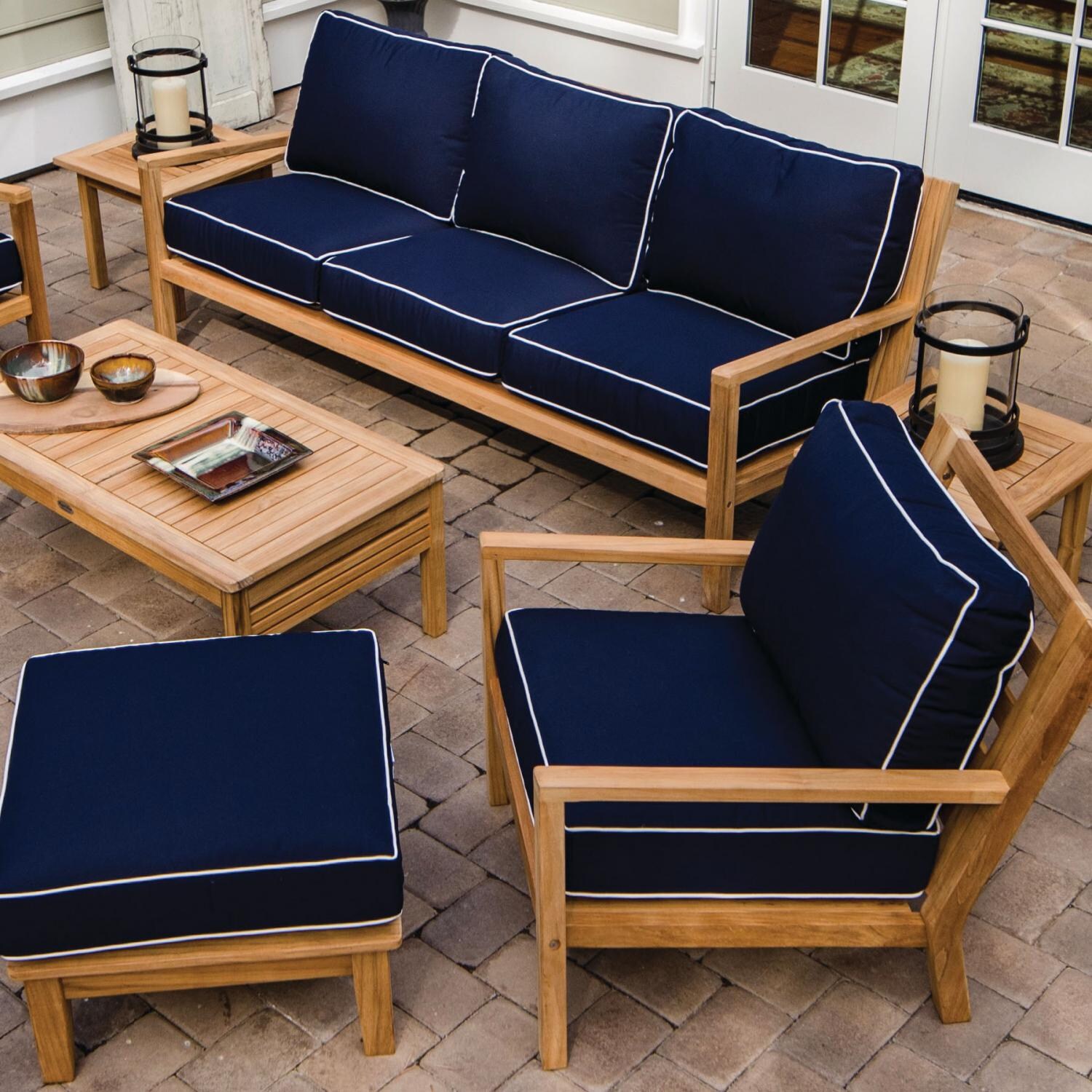 Royal Teak Collection Coastal Teak Patio Sofa W/ Sunbrella Canvas Navy Cushions - On the Patio thumbnail