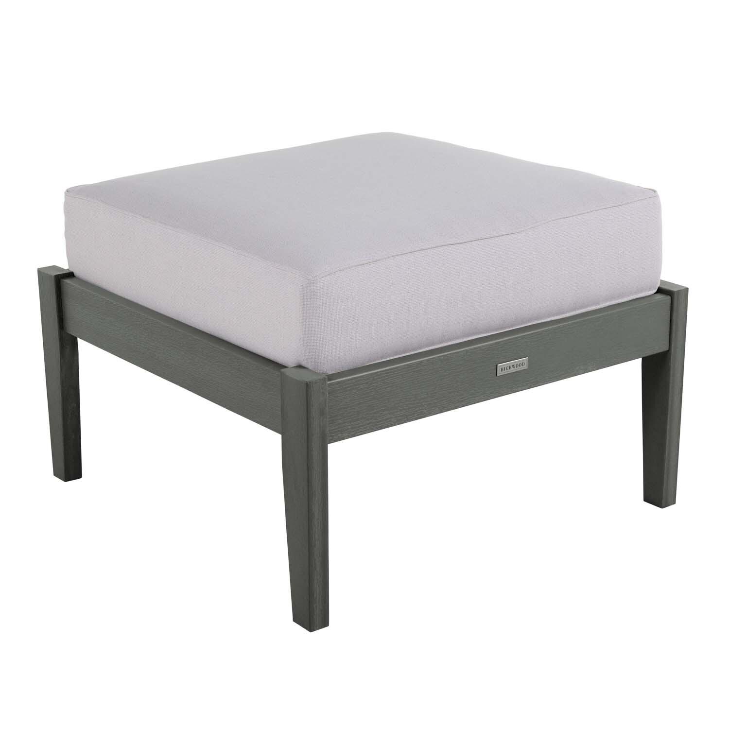 Blushing Bay Recycled Plastic Ottoman in Bliss Linen/Coastal Teak by Lakeview Outdoor Designs - Angled View - White Background thumbnail