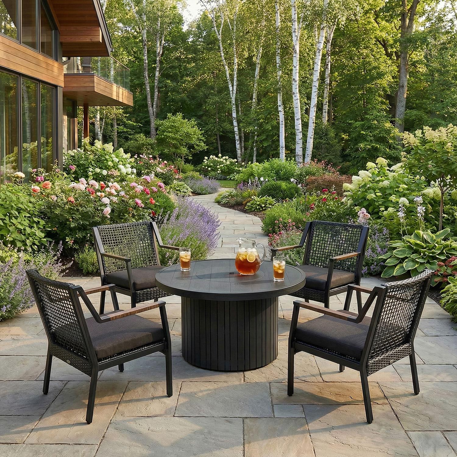 Westlook 44-in Round Metal Propane Fire Table in Black by Lakeview Outdoor Designs - Lid On - Lifestyle thumbnail