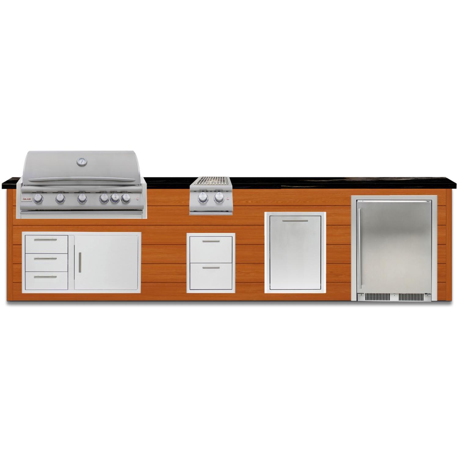 BBQGuys Signature 12 Ft Outdoor Kitchen Island w/ 40 Inch Propane Blaze LTE+ Grill, Double Side Burner, Refrigerator & Double Trash Bin | Chai Cedar w/ Nero Mist Granite