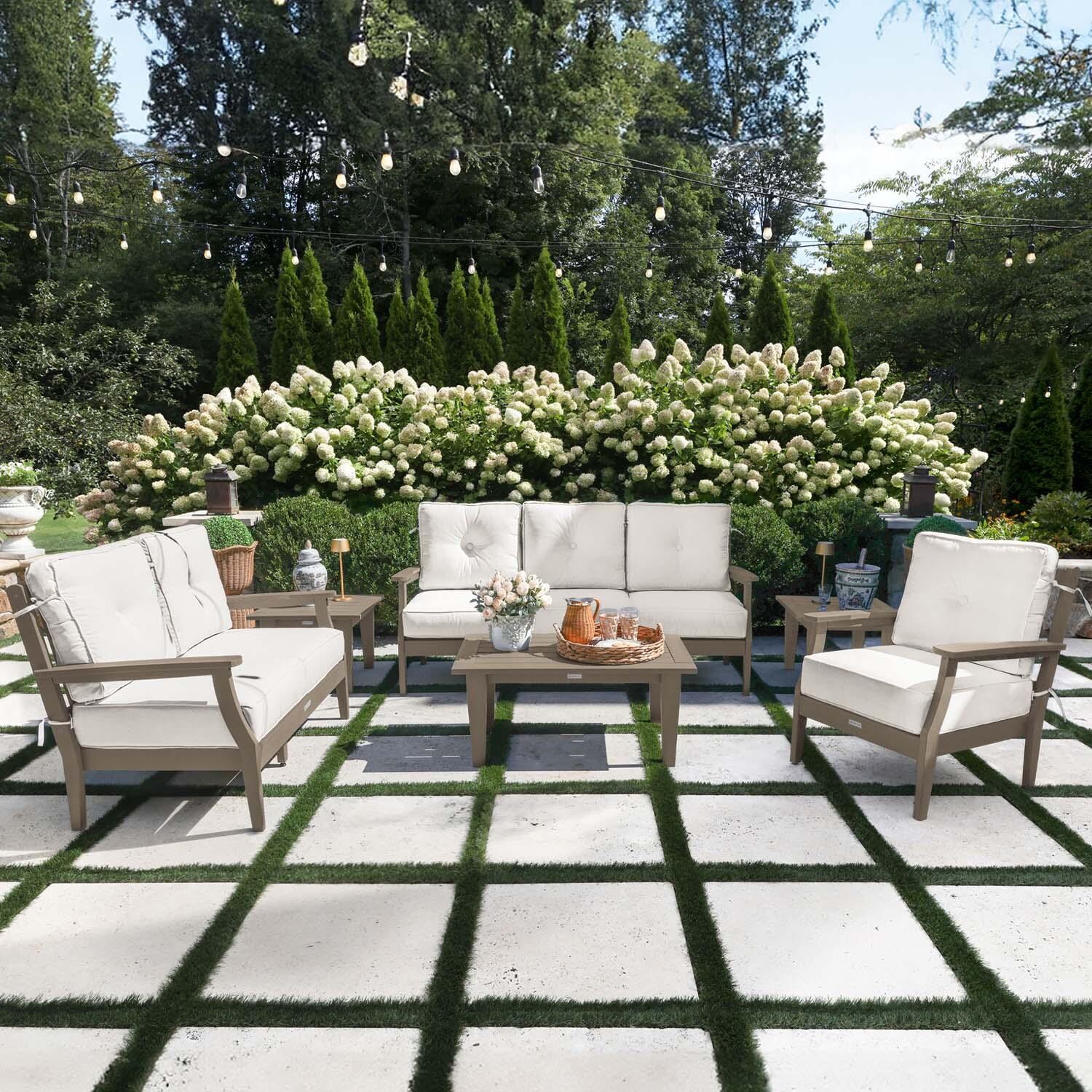 Blushing Bay 6 Pc Recycled Plastic Grand Seating Set in Bliss Linen/Woodland Brown by Lakeview Outdoor Designs - Lifestyle thumbnail