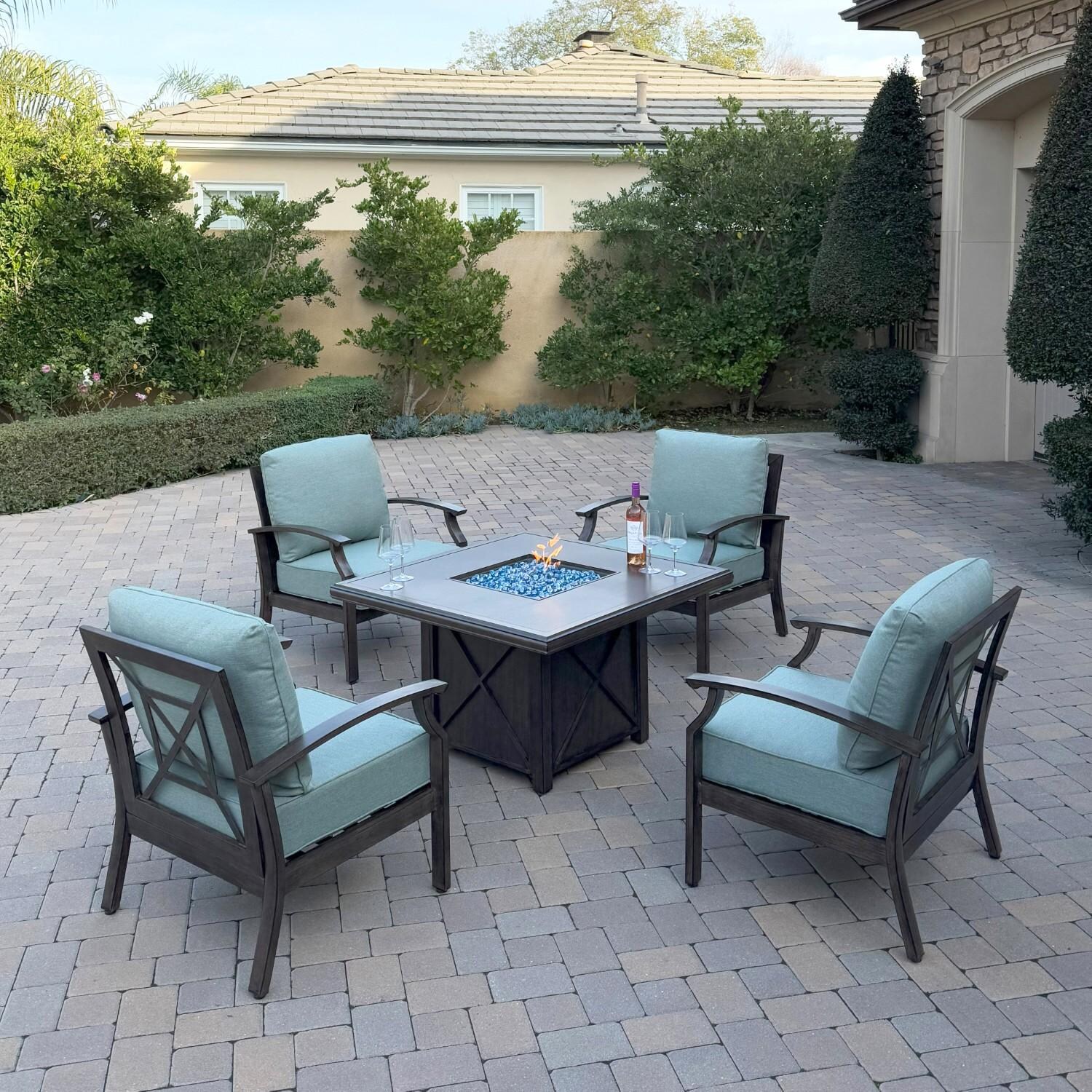 Atlantis 5 Pc Aluminum Fire Pit Seating Set w/ 4 Club Chairs in Walnut/Spa by Darlee - Hero - Lifestyle thumbnail