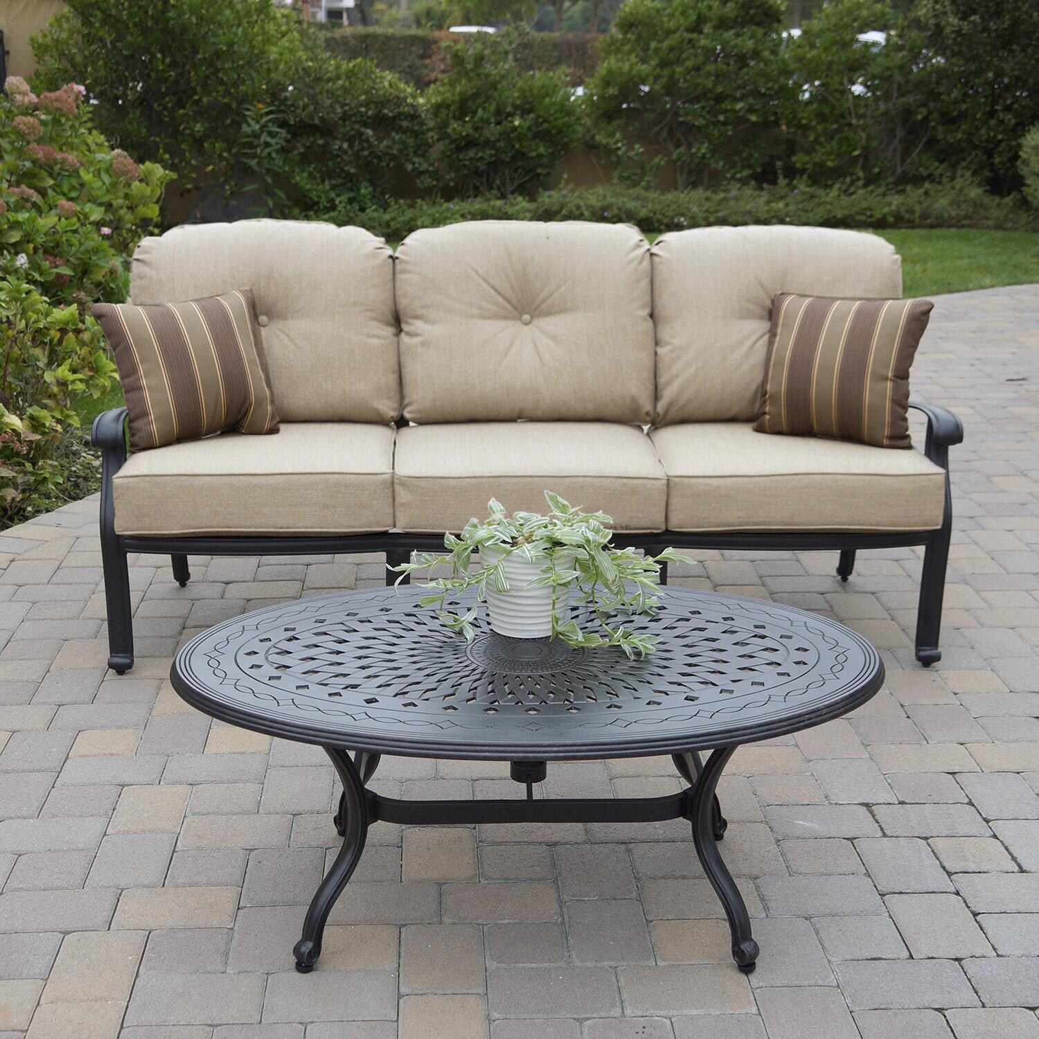 Darlee Elisabeth 5 Pc Cast Aluminum Seating Set w/ Coffee Table & End Table in Antique Bronze/Beige Canvas - Sofa & Table - Lifestyle thumbnail