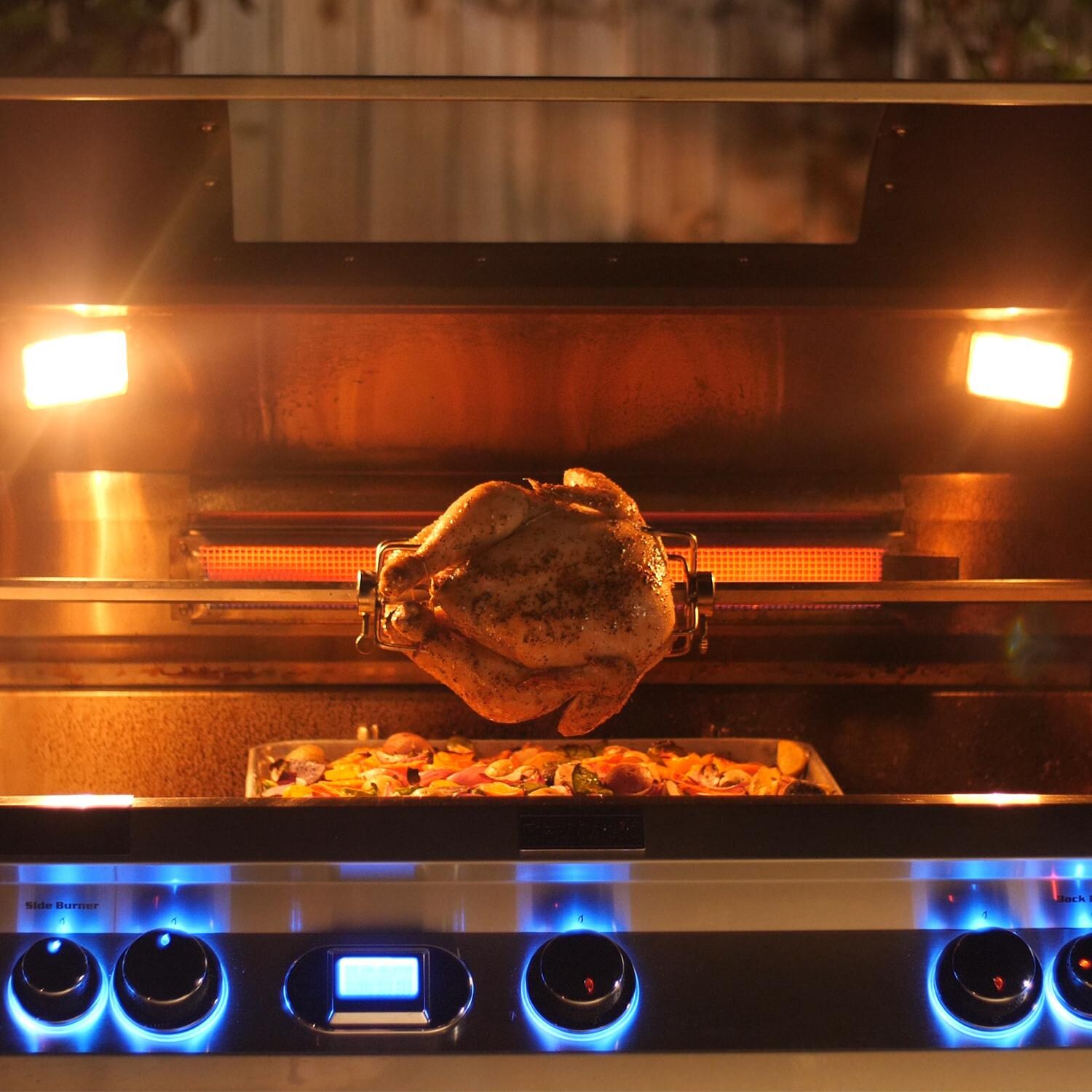 Fire Magic Echelon Diamond Gas Grill - Magic View Window Open - Cooking On The Rotisserie (E790s Shown) thumbnail