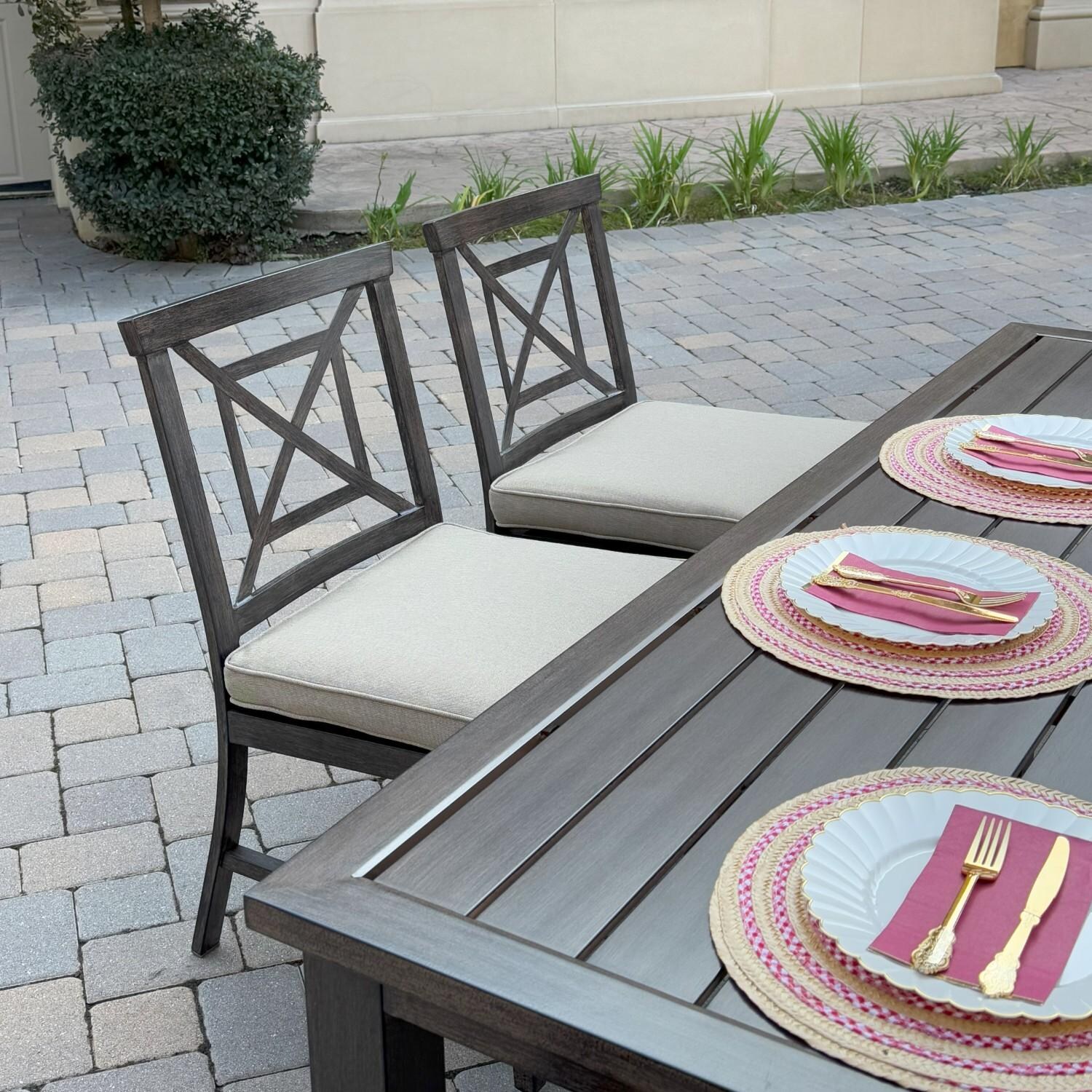 Atlantis 4 Pc Aluminum Dining Side Chair Set in Walnut/Beige by Darlee - Chairs At Table - Lifestyle thumbnail