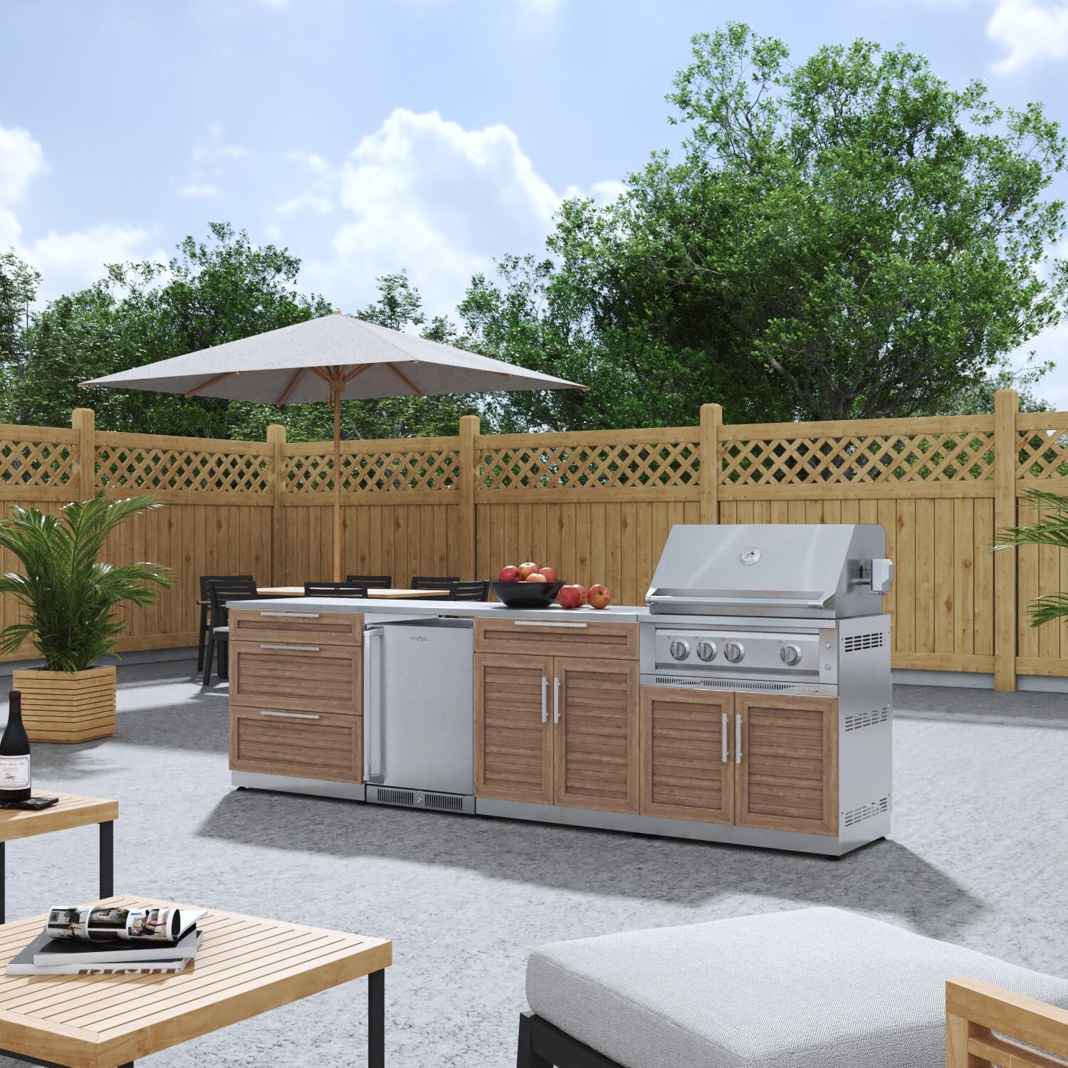 NewAge Products 67898 Classic Series 10 Ft Outdoor Kitchen Island w/ 33-in Propane Grill, Refrigerator, Trash Bin, Door & Drawer in Grove/Stainless Steel - Angled on Patio - Lifestyle thumbnail