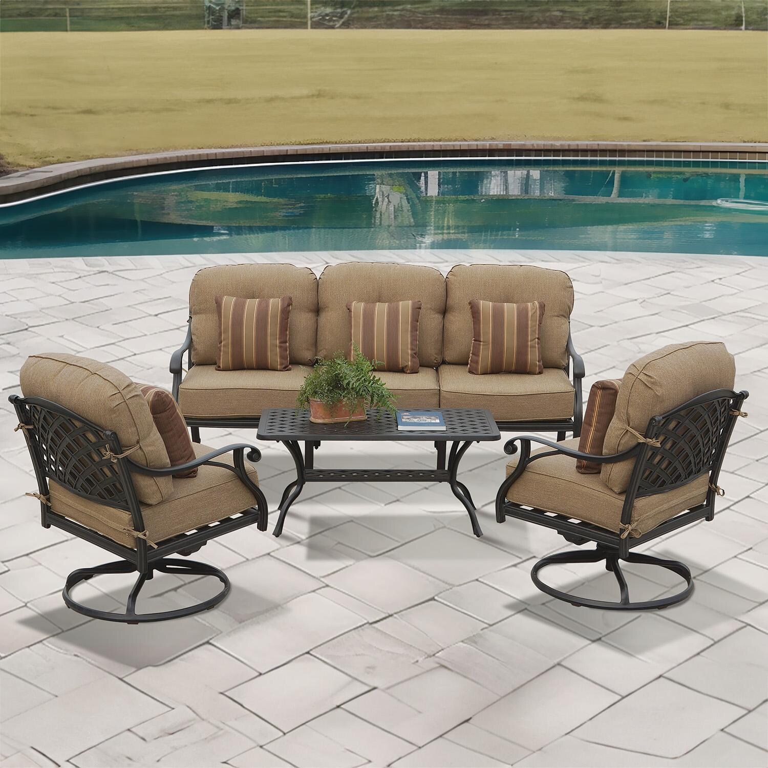 Darlee Nassau 4-Piece Patio Sofa Conversation Set (with 2 Swivel Rocker Club Chairs) with Cushions and 21 X 42 Inch Rectangular Coffee Table - Set - Lifestyle thumbnail