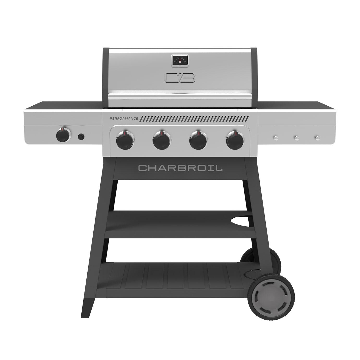 Charbroil 463349325 Performance Series 4-Burner Propane Grill A-Frame Cart W/ Side Burner - Black & Stainless Steel - Display - White Background thumbnail