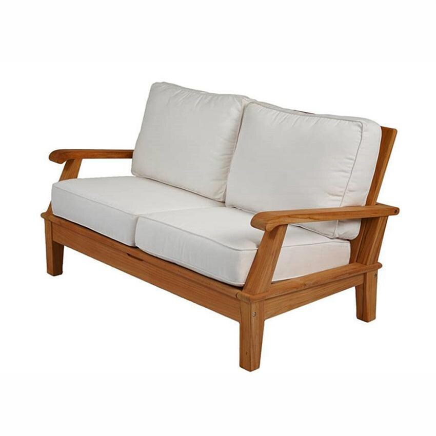 Royal Teak Collection Miami 5 Pc Teak Seating Set w/ Square Coffee Table in Canvas Natural - Loveseat - White Background thumbnail