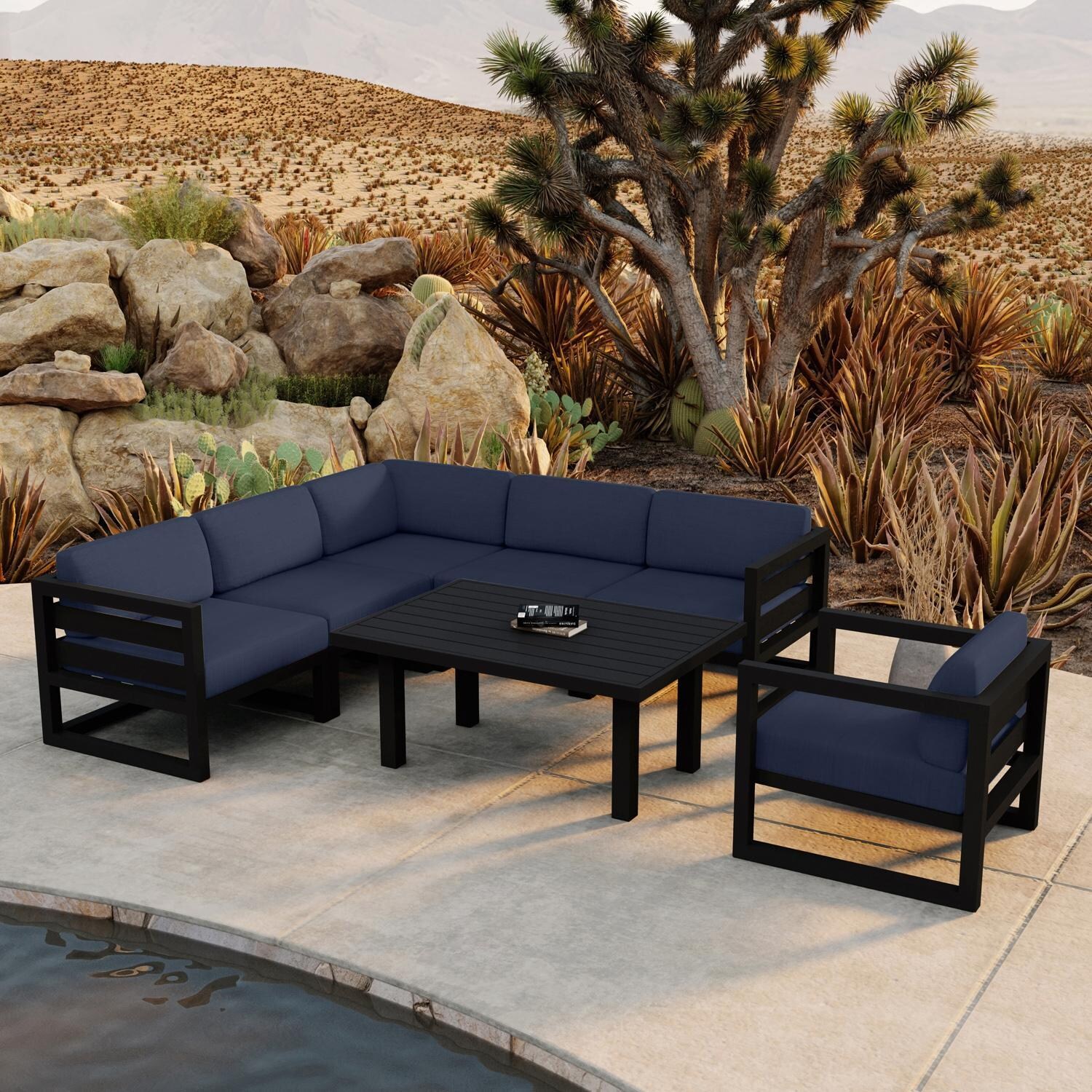 Lakeview MSTYCV-BK-SET212-IN Misty Cove 7 Pc Aluminum Sectional Set in Black w/Chat Table & Spectrum Indigo Cushions by Lakeview Outdoor Designs - By the Pool - Lifestyle thumbnail