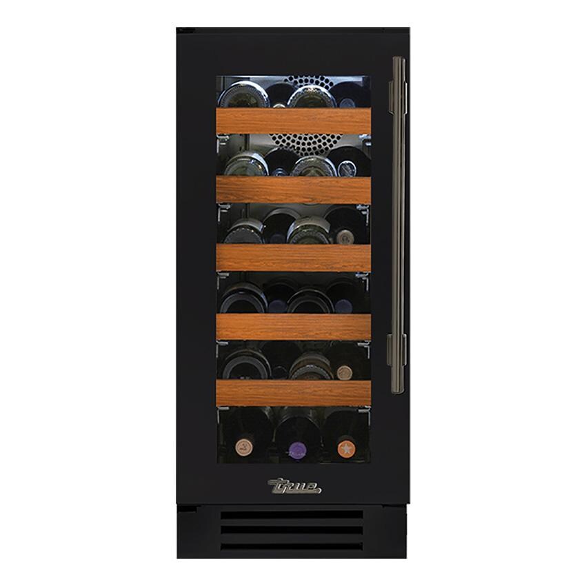 True TWC-15-L-OG-C~DSK-027-H05 15 Inch 23 Bottle Left Hinge Glass Door Outdoor Wine Cabinet - Matte Black w/ Pewter Handle - White Background thumbnail
