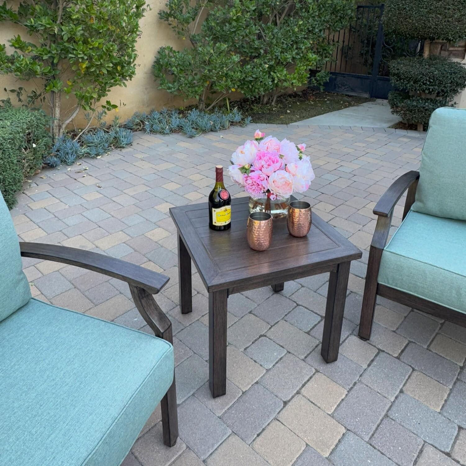 Atlantis 3 Pc Aluminum Seating Set w/ 2 Club Chairs in Walnut/Spa by Darlee - Table Close-up - Lifestyle thumbnail