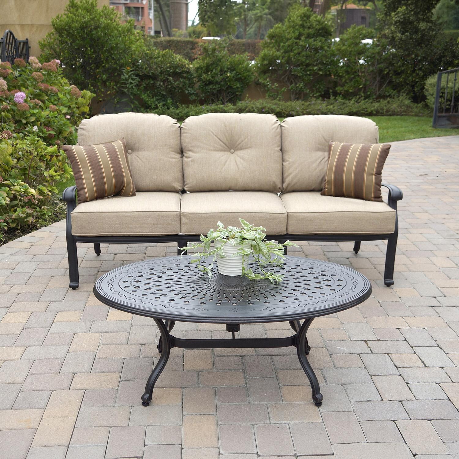 Darlee Elisabeth 6 Pc Cast Aluminum Sofa Seating Set w/ 46 X 31 Inch Oval Table w/ Reclining Chairs & Throw Pillows in Antique Bronze/Beige - Sofa & Table - Lifestyle thumbnail